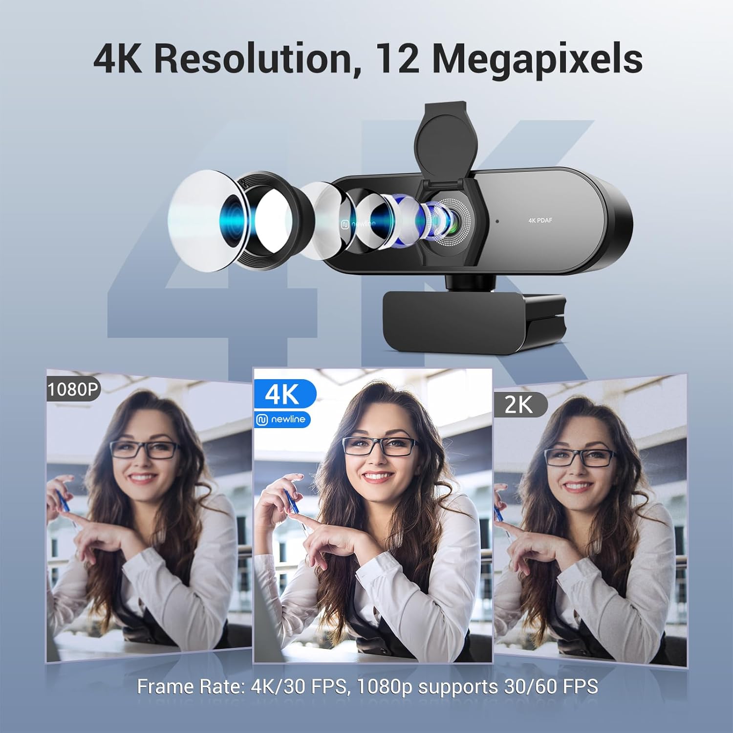 N newline 4K Webcam for PC, PDAF/CDAF Autofocus, 1080P@60FPS, 79° FOV, Auto Light Correction, 2 Noise Reduction Mics, Privacy Cover, USB-A, Streaming Camera for Skype, Teams, Online Meeting, NewEye 62 - Image 2