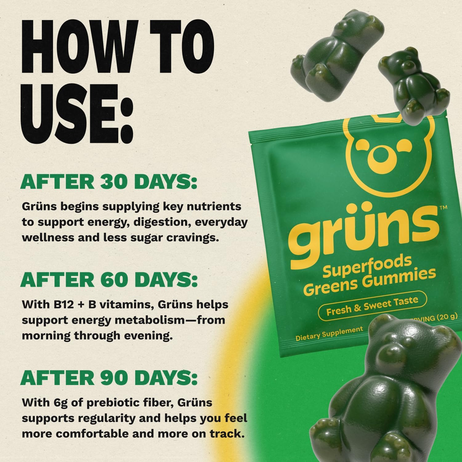 Gruns Adults Super Greens Gummies, Multivitamin Superfood Gummy Bears, Spirulina, Chlorella, Prebiotics & Fiber Gummies for Digestive Health, Adaptogens Supplement, 20 Vitamins & Minerals, 10 Count - Image 8