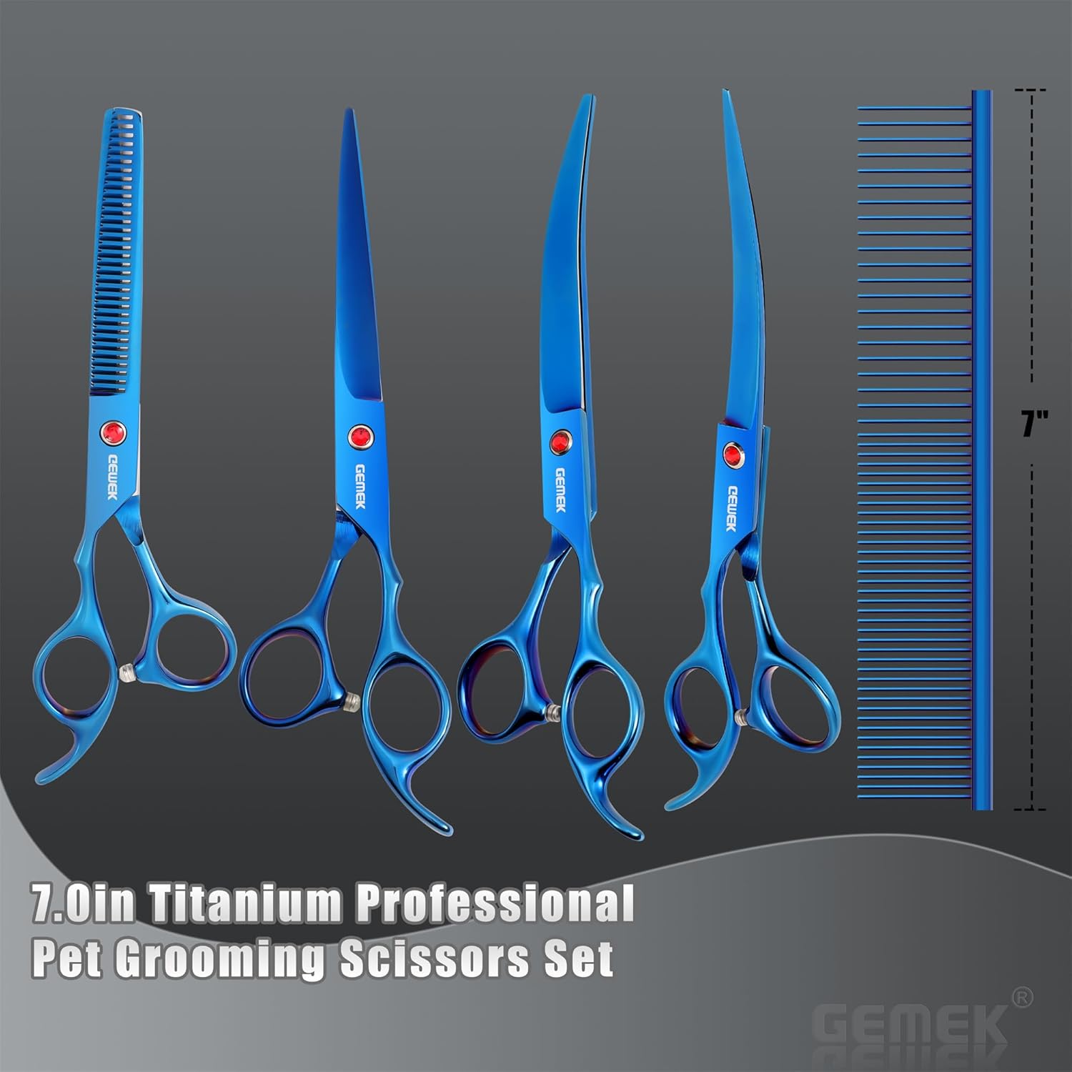 7.0in Titanium Professional Pet Grooming Scissors Set, GEMEK 6 in 1 Straight & Thinning & Upwards Curved & Downwards Curved Scissors & Comb for Dogs, Cats (Blue) - Image 6
