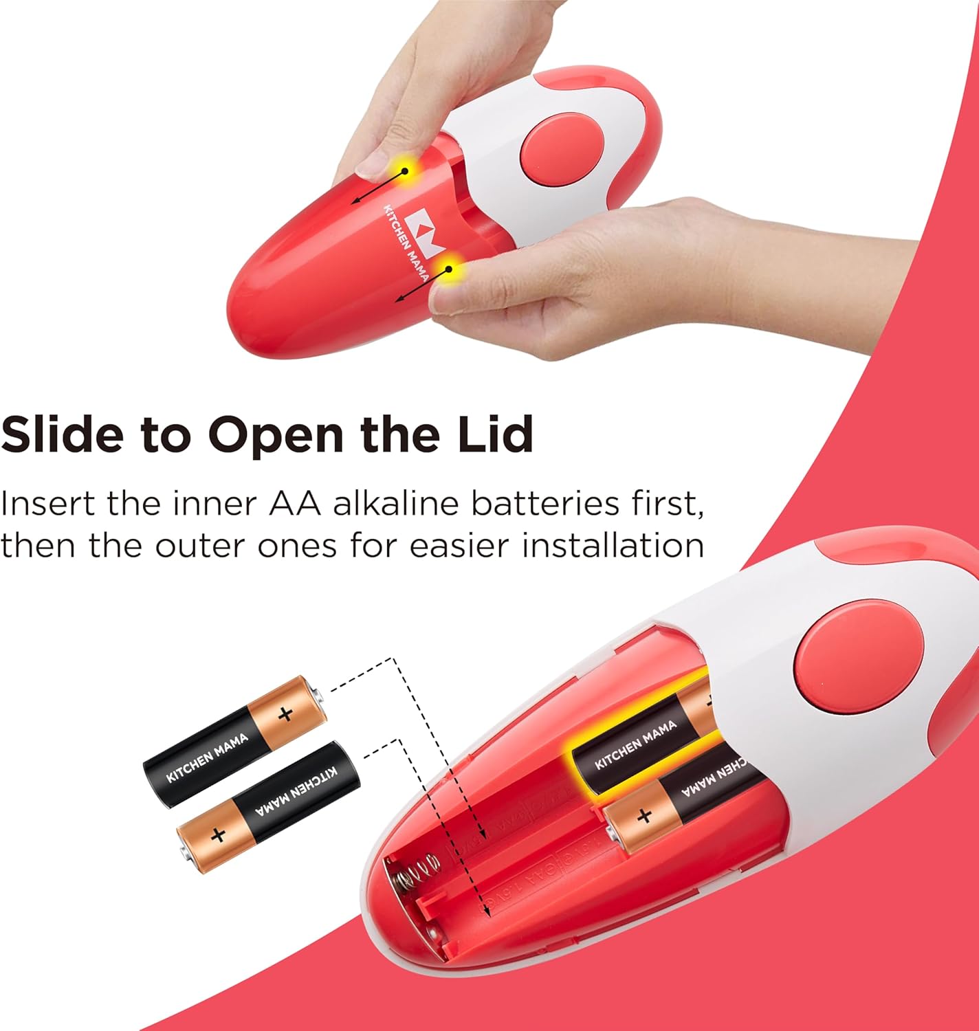 Kitchen Mama Auto Electric Can Opener: Open Your Cans with A Simple Press of Button - Automatic, Hands Free, Smooth Edge, Battery Operated, YES YOU CAN (Red) - Image 5