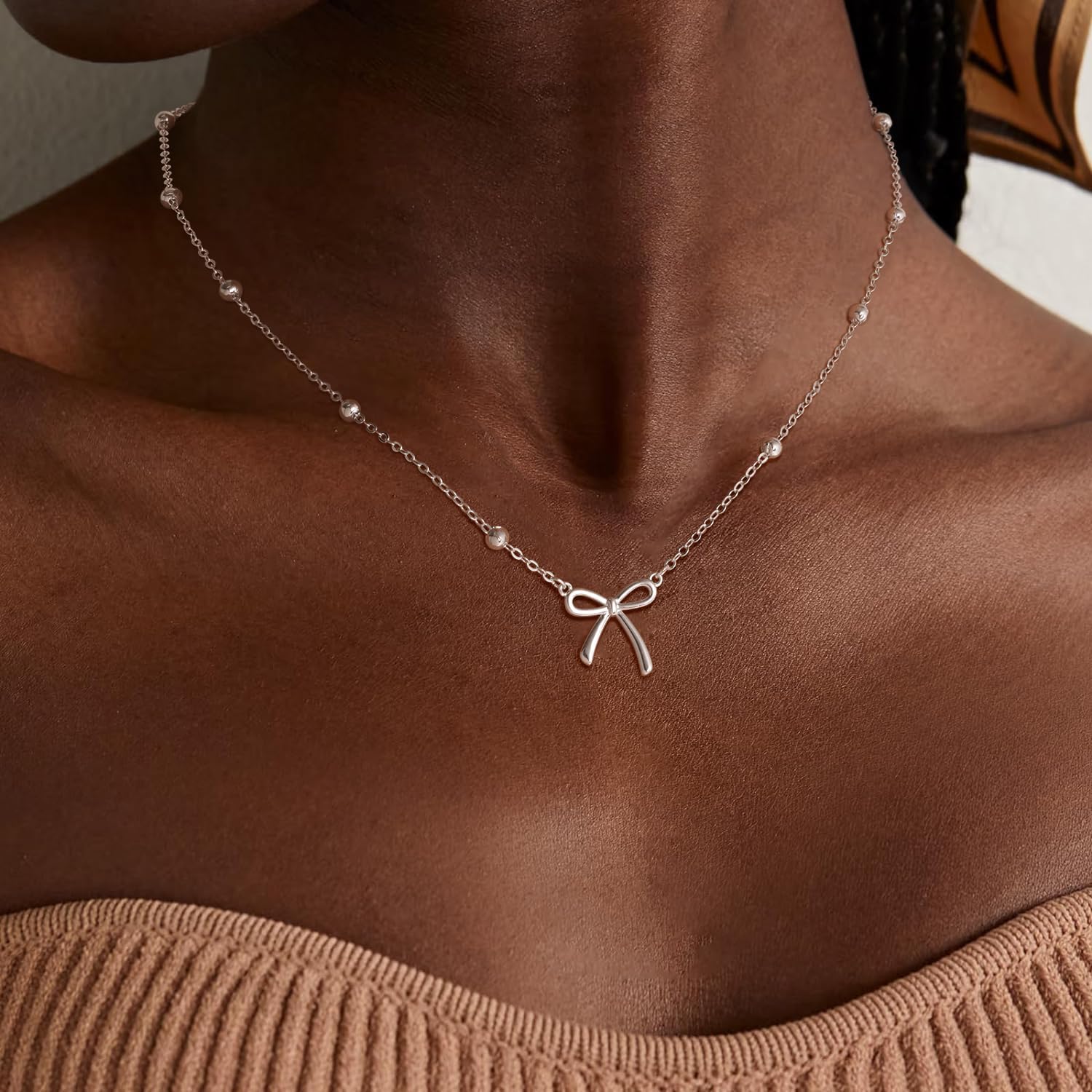 Easter Basket Stuffers - Dainty Bow Necklace for Women 14K Gold Plated Cute Choker Small Pendant Charm Necklaces Teen Gift Trendy Stuff Personalized Jewelry - Image 5