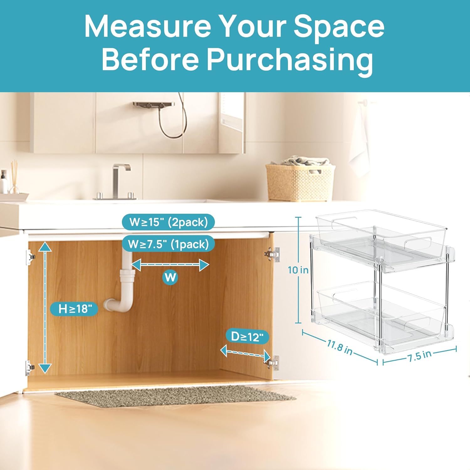 Vtopmart 4 Pack Bathroom Organizer, 2 Tier Clear Under Sink Organizers Vanity Countertop Storage Container,Cabinet Drawers Bins, Pull-Out Organization with Track for Pantry, Kitchen - Image 3