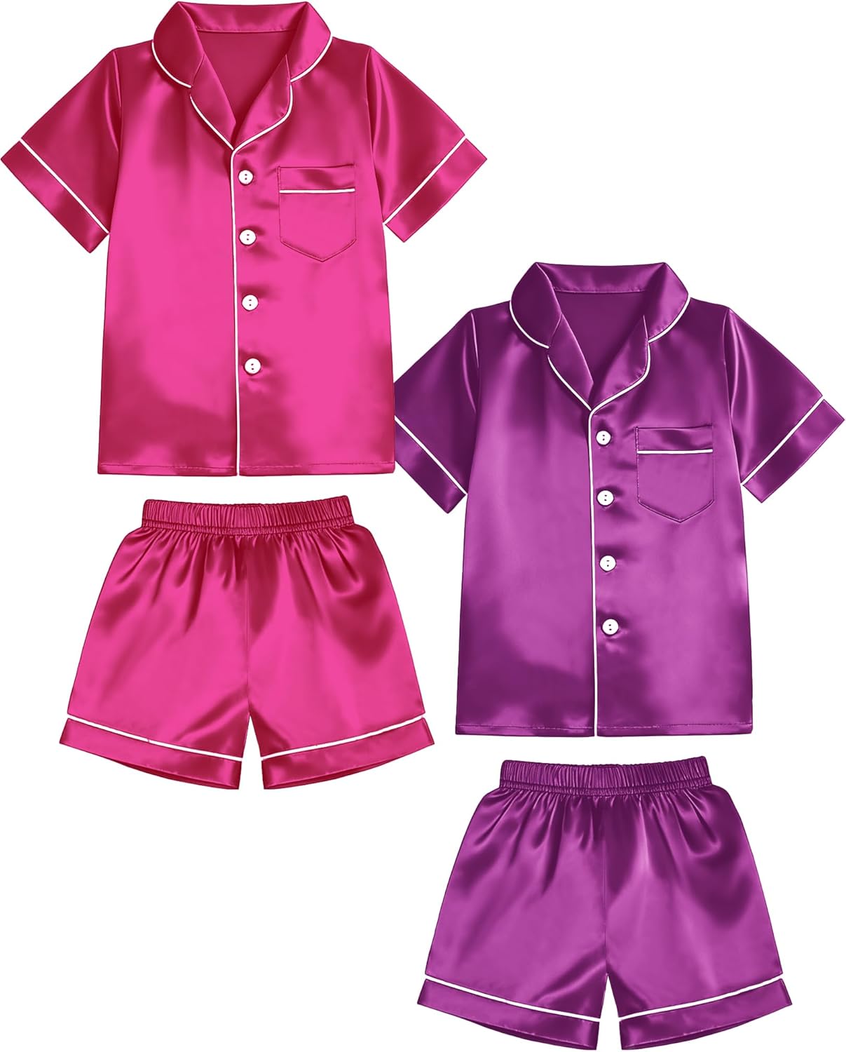 Girls 2 Packs Pajamas Set Satin Silky Short Sleeve Button Down Pjs Soft Sleepwear Sets for Kids Gift, Size 4Y-12Y