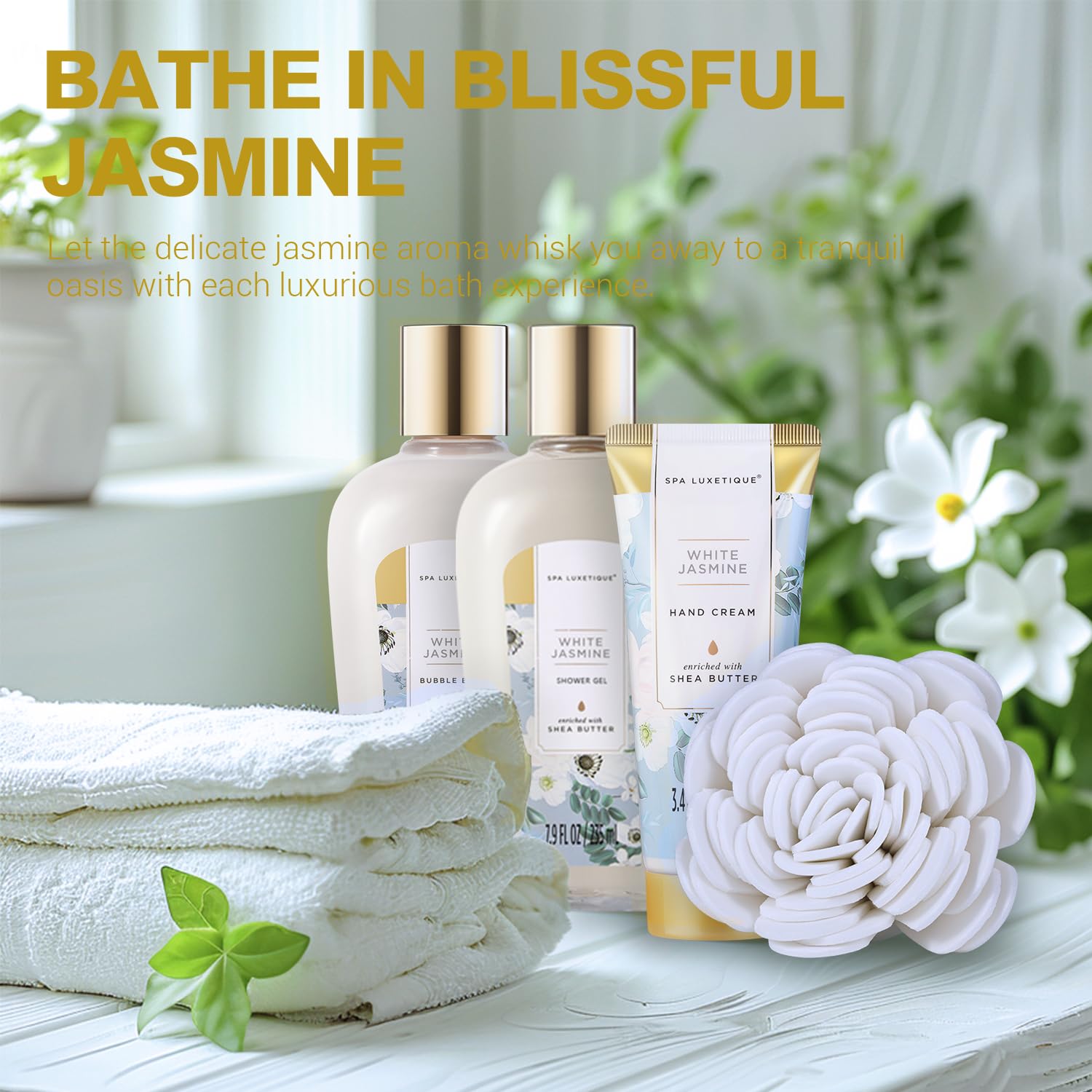 Spa Luxetique Gifts for Women 15pcs White Jasmine Gift Baskets for Women Luxury Relaxing Spa Kit with Tote Bag Birthday Gifts for Mom Friend Sister Wife Grandma Mothers Day Gift for Her - Image 2