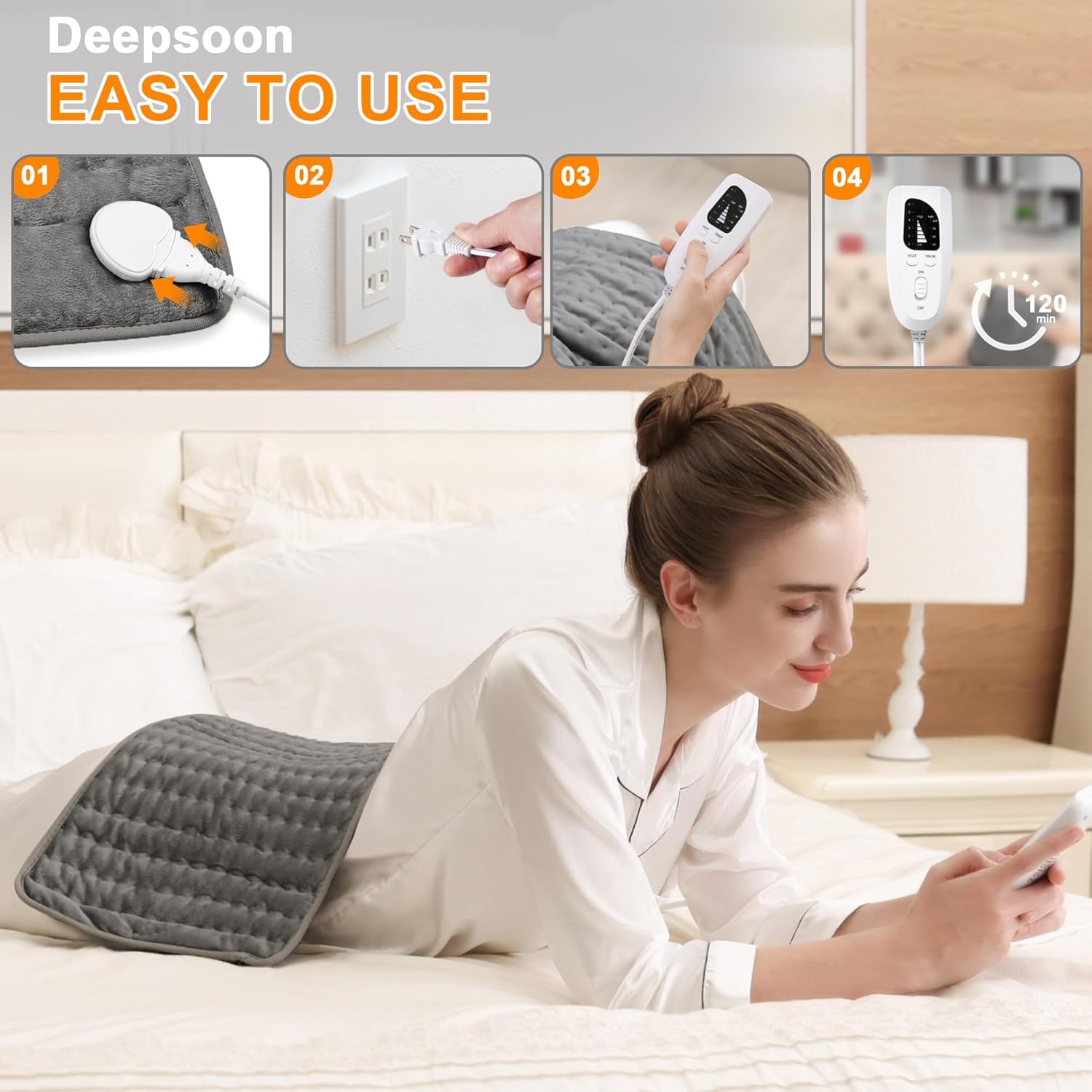 Deepsoon Heating Pad,Electric Heating Pads for Back,Neck,Abdomen,Moist Heating Pad for Shoulder,Knee,Arms,Legs,Dry/Moist Heat & Auto Shut Off,Christmas Gifts for Men and Women,Dark Gray,24x12 Inch - Image 3