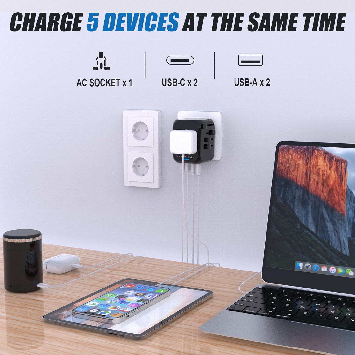 GLAMFIELDS Universal Travel Adapter Worldwide All in One International Wall Charger AC Plug Adaptor with 2 USB-C and 2 USB-A Ports for 200+ Countries 100V-250V (EU UK USA AU Plug) Black - Image 4