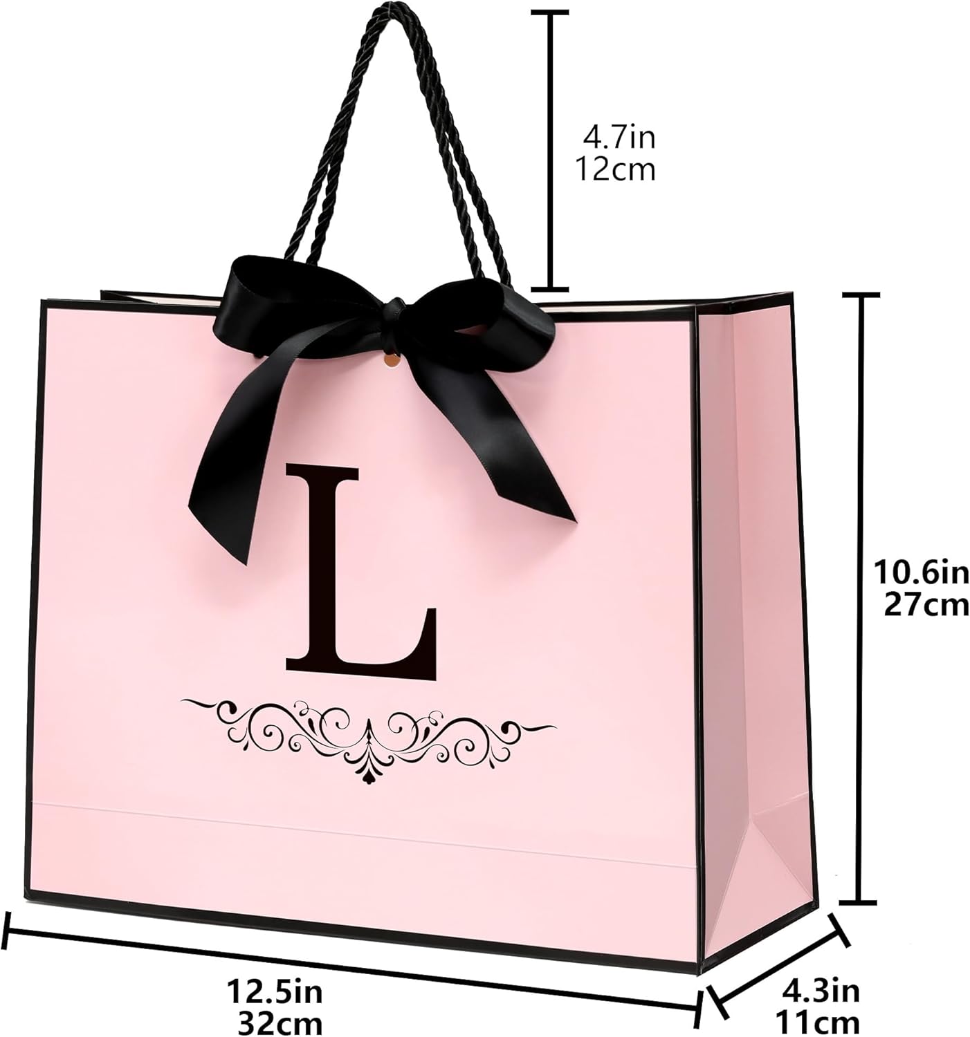KeerxunBag Personalized Gift Bag, featuring the letter L logo - A pink paper gift bag with a letter pattern, accompanied by a ribbon bow, matching thin paper, and a greeting card set. - Image 3