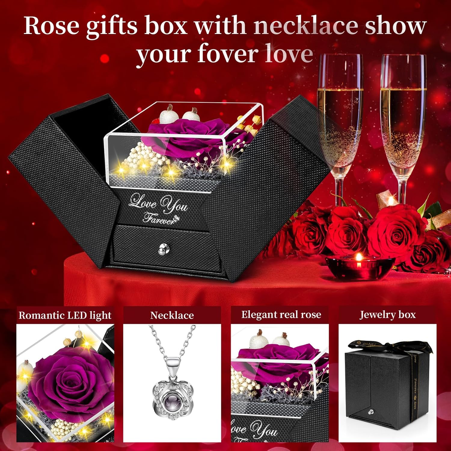 Preserved Purple Real Rose-Eternal Flowers Rose Birthday Gifts for Her Mom Wife Girlfriend Grandma on Valentines Mothers Day Christmas Anniversary Romantic with Heart I Love You Necklace-Purple - Image 2
