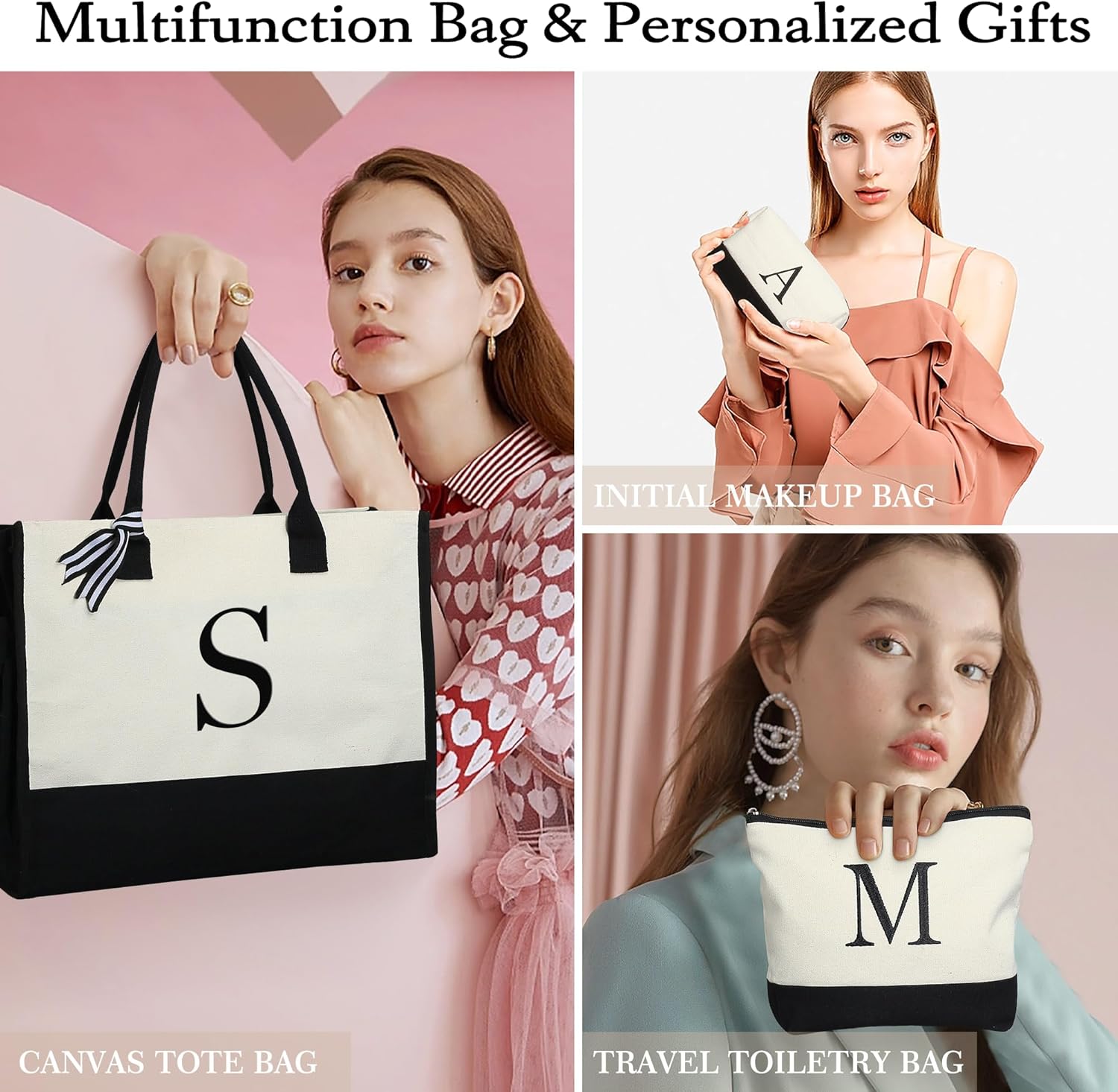 YOOLIFE Gifts for Women - Initial Canvas Tote Bag & Makeup Bag, Birthday Gifts for Women Mom Sister Friends - Image 2