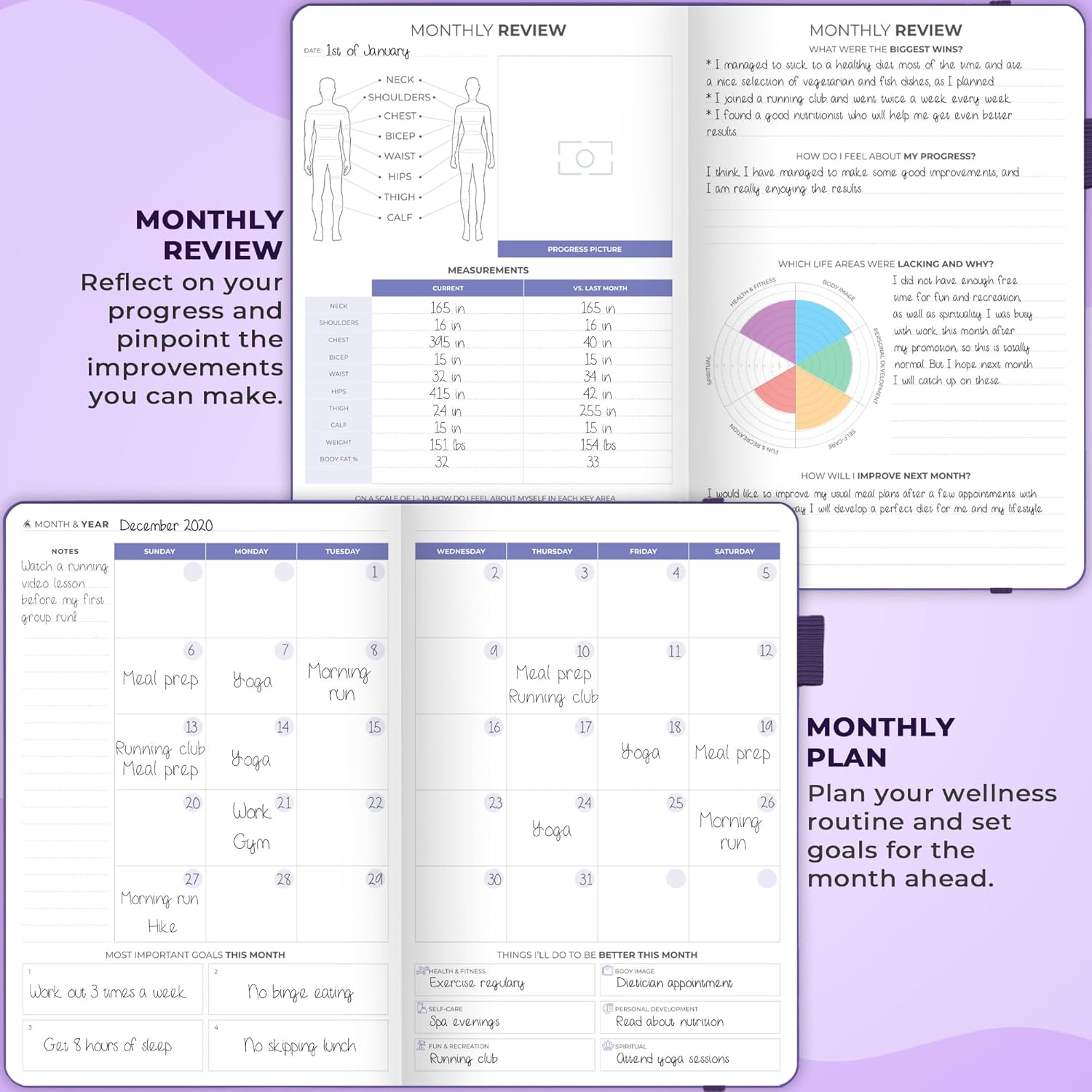 Clever Fox Fitness & Food Journal – Nutrition & Workout Planner for Women & Men – Diet & Gym Exercise Log Book with Calendars, Diet & Training Trackers - Undated, A5 Size, Hardcover (Purple) - Image 4