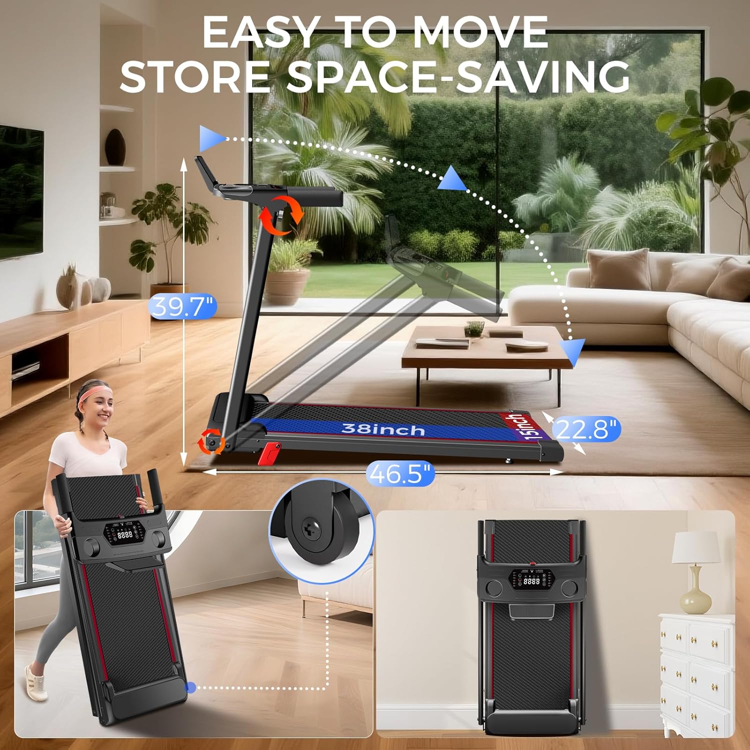 Treadmill with Incline 3-in-1 Portable Treadmills for Home Small, Incline Walking Pad Treadmill with Handle Bar, Walking Pad Foldable with 3.0HP Quiet Brushless, LED Dispay, 300LBS Capacity Black - Image 5