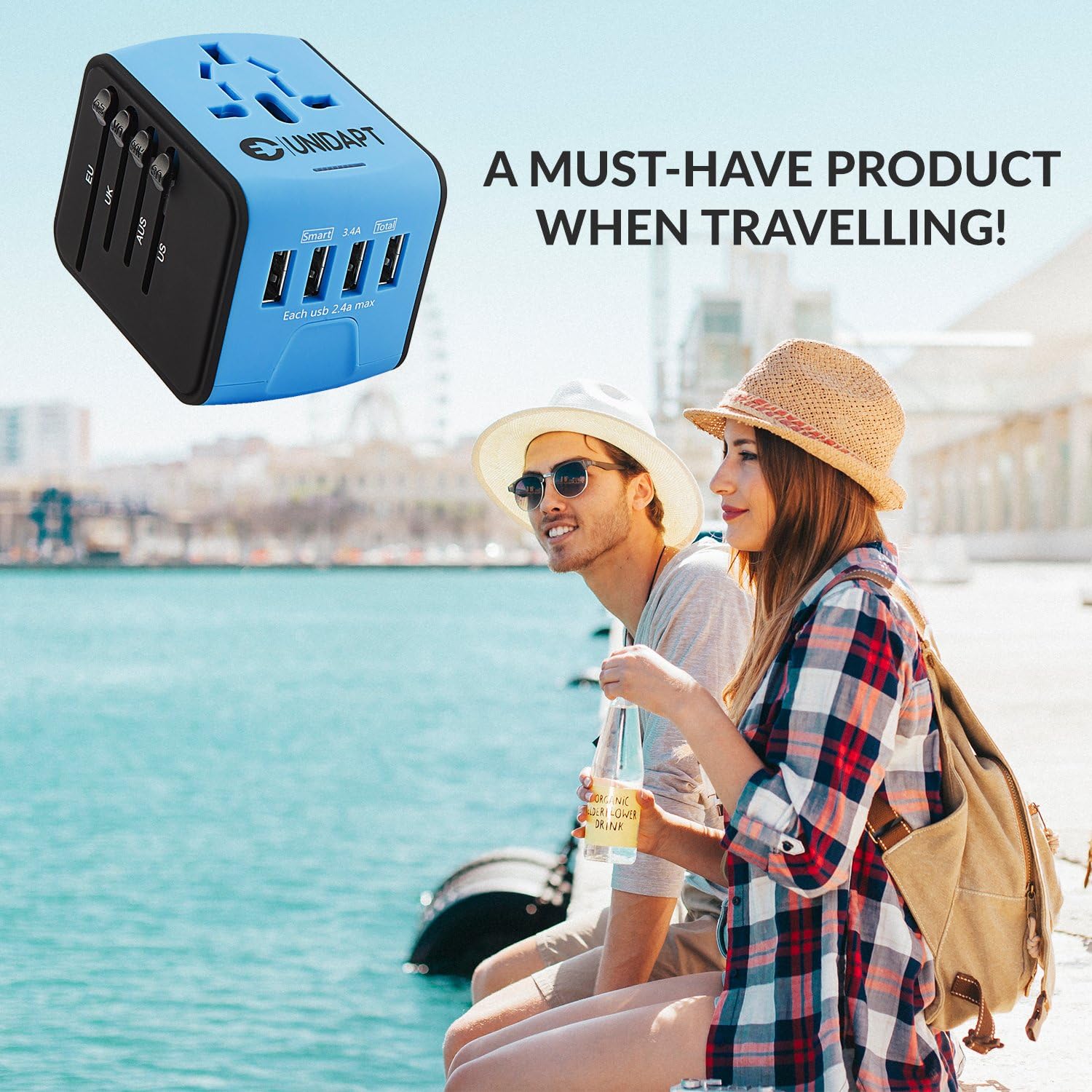 Unidapt Universal Travel Adapter, International Plug Adapter Fast 2,4A 4-USB European Power Plug, AC Wall Charger - Worldwide Outlet for Europe US USA UK EU AUS, Blue - Image 8