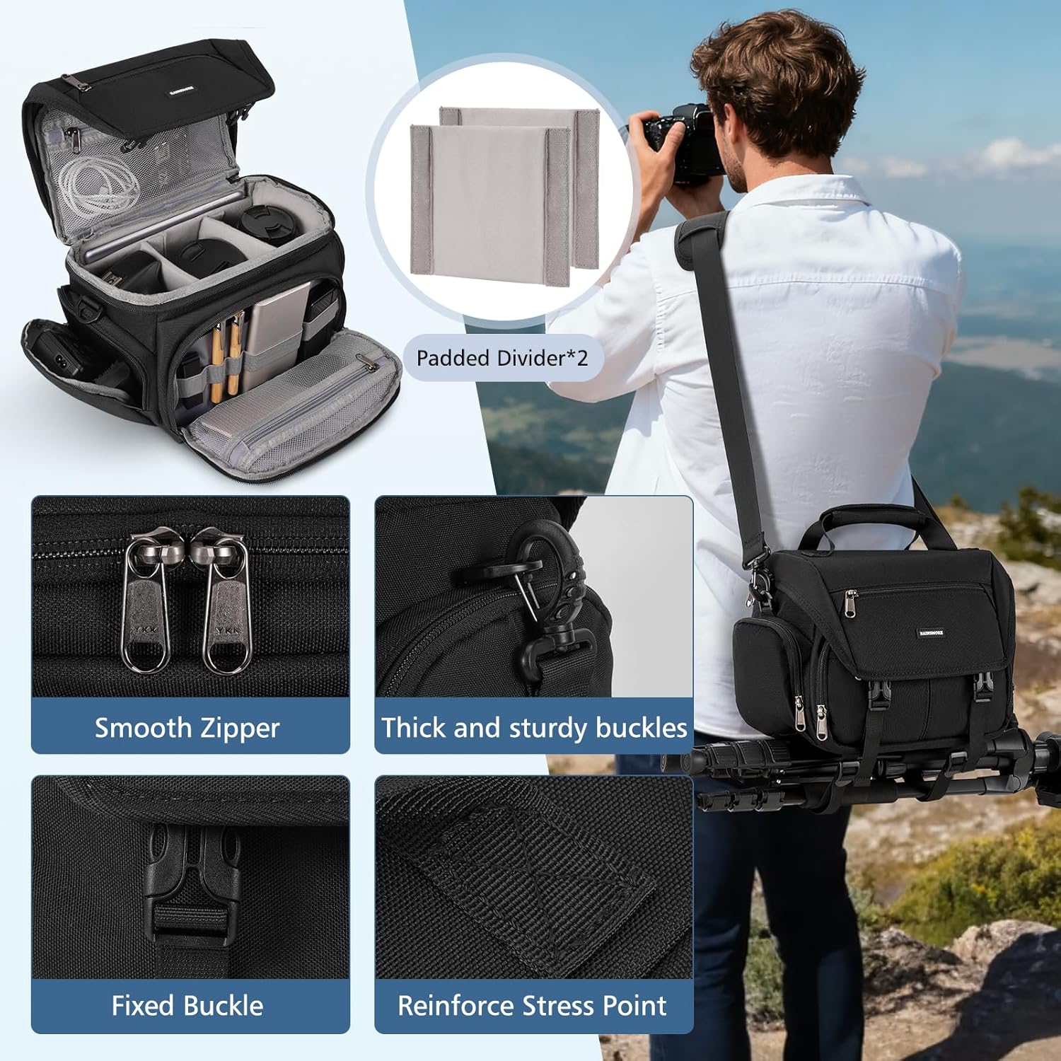 RAINSMORE Camera Bag, DSLR/SLR/Mirrorless Camera Sling Bag for Photographers Waterproof Small Camera Case with Tripod Holder & Rain Cover Camera Crossbody Bag for Canon/Nikon/Sony/Fuji, Black - Image 6