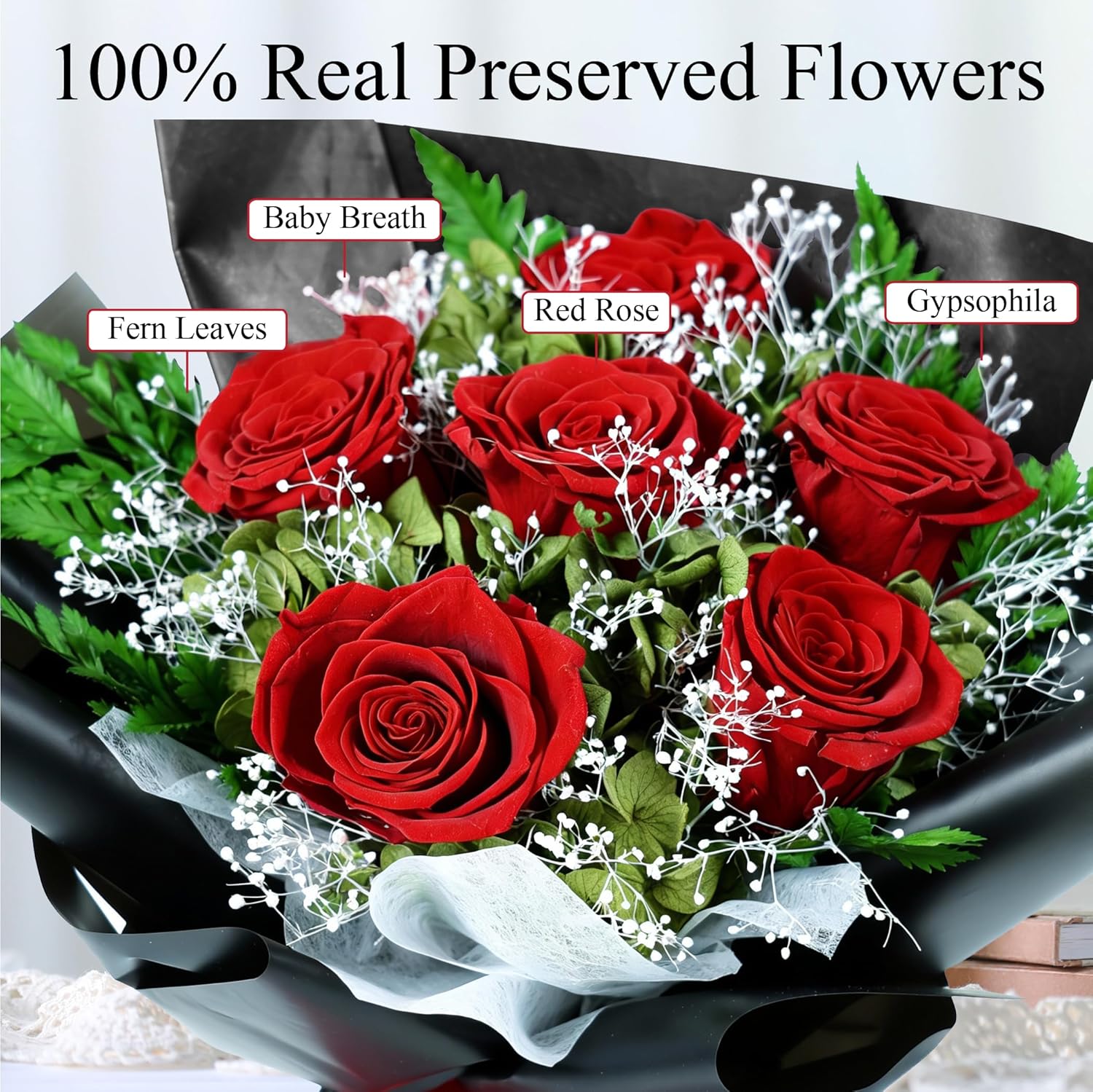 TUCCI FLORAL-Preserved Real Red Roses Bouquet, Forever Flowers with Baby’s Breath, Long Lasting Luxury Gift for Birthday, Anniversary, Mother’s Day Girlfriend Wife Grandma Her Women, Delivery Tomorrow - Image 4