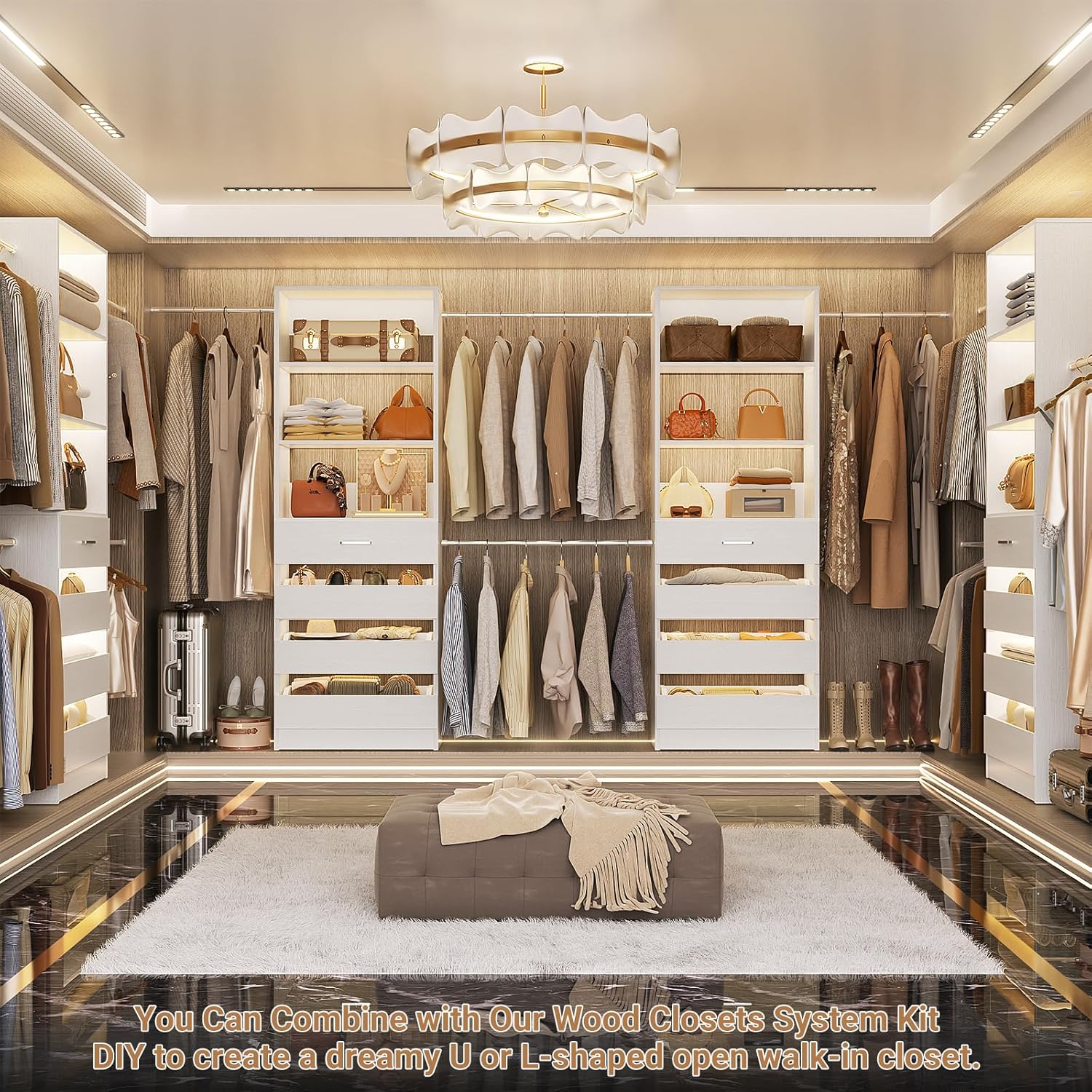 Aheaplus Closet System, 6-15Ft Closet Organizer with 8 Wooden Drawers, Wood Closet Organizer System with Tower, Walk-in Closet Organizer Wardrobe Clothes Rack with 4 Hanging Rods, Garment Rack, White - Image 2
