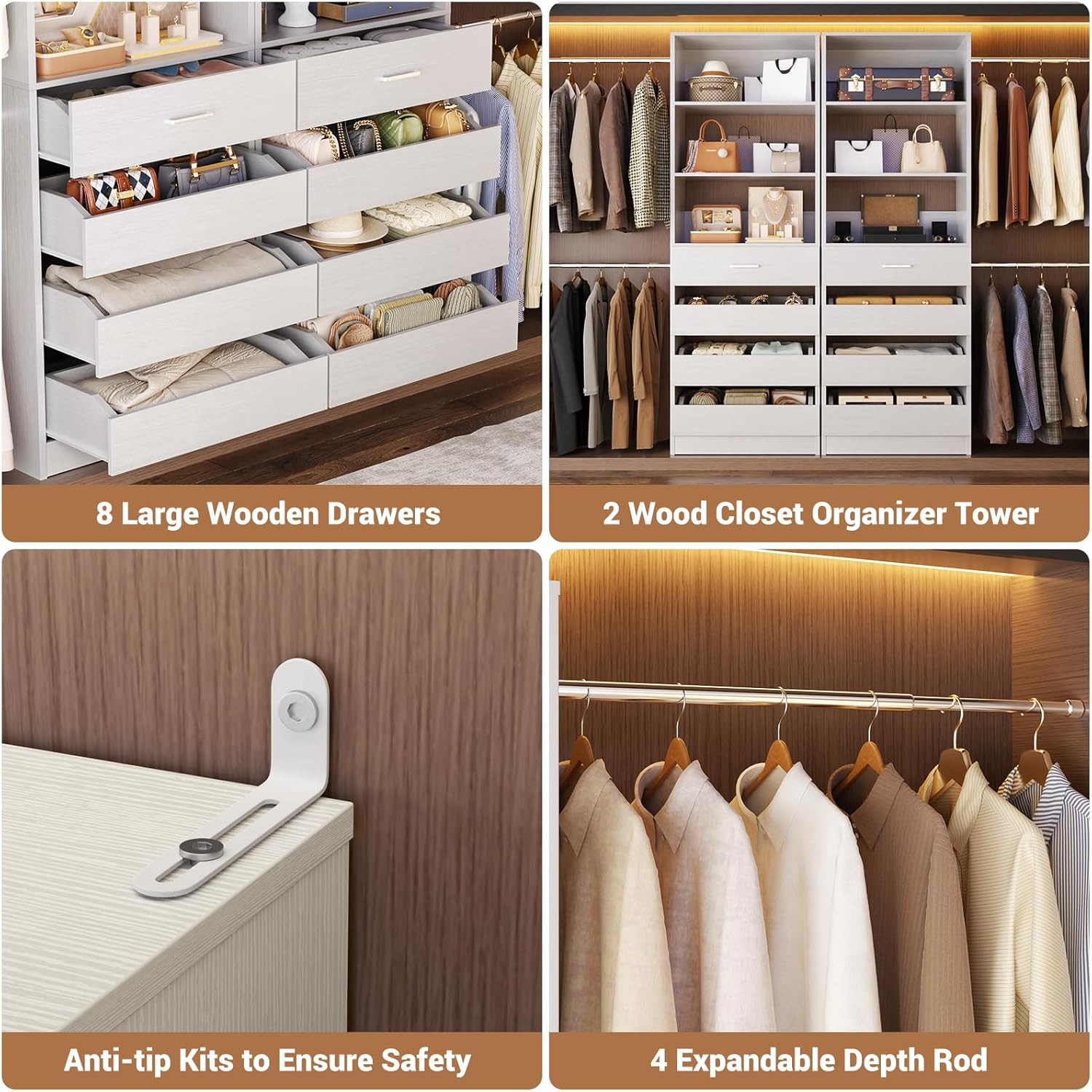 Aheaplus Closet System, 6-15Ft Closet Organizer with 8 Wooden Drawers, Wood Closet Organizer System with Tower, Walk-in Closet Organizer Wardrobe Clothes Rack with 4 Hanging Rods, Garment Rack, White - Image 3