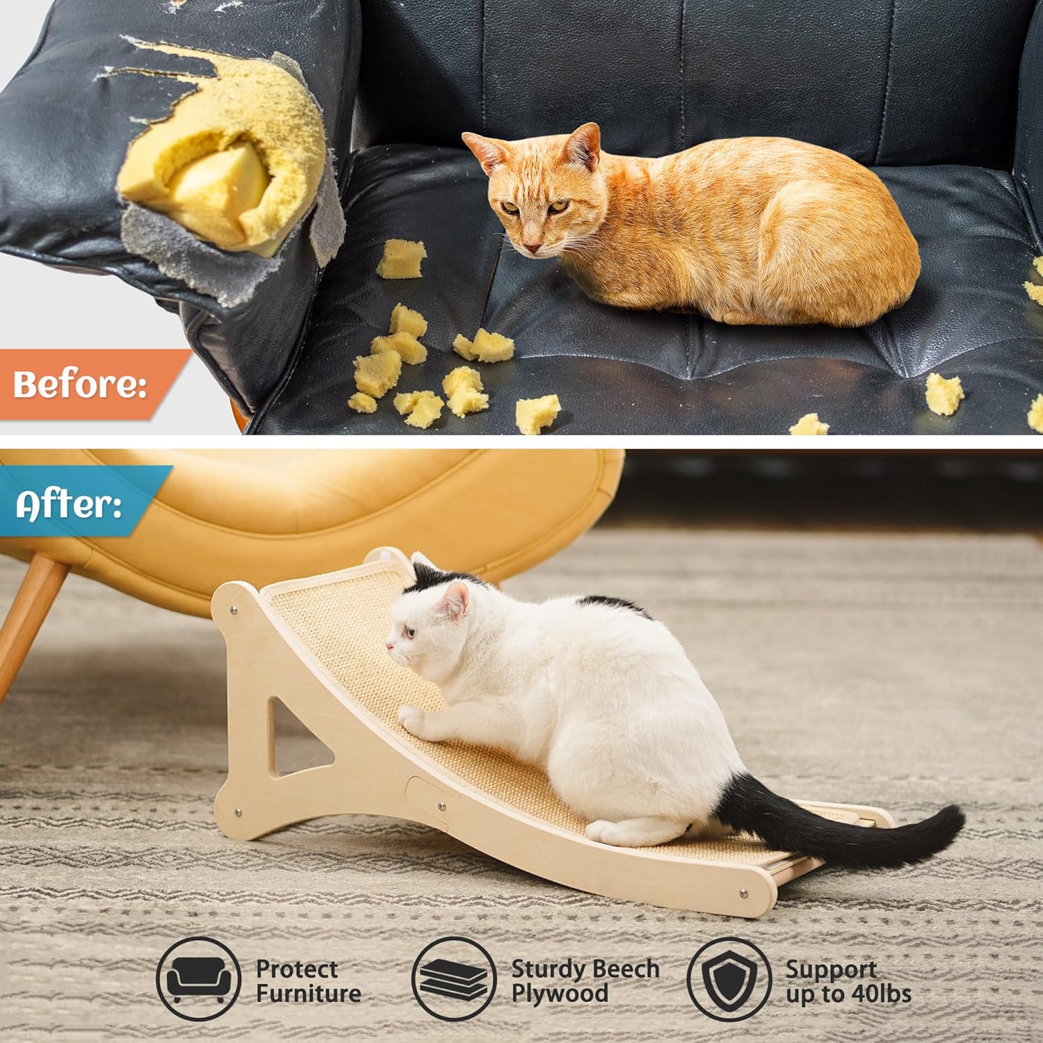 PETKARAY Curved Cat Scratcher, Sisal Kitty Scratching Ramp, L Shape Scratch Pad for Indoor Cats, 25.6" Furniture Protector with Mouse Toy - Image 5