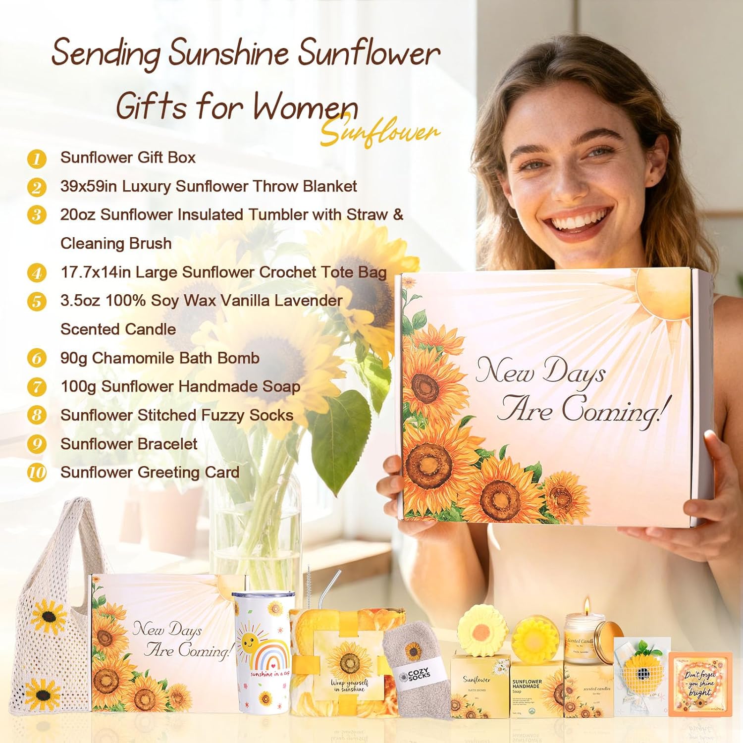Sunflower Birthday Gifts for Women Self Care Gift - Sending Sunshine Gift Box Get Well Soon Sympathy Gift Basket for Women Care Package, Easter Mothers Day Inspirational Gifts for Her Wife Best Friend - Image 2
