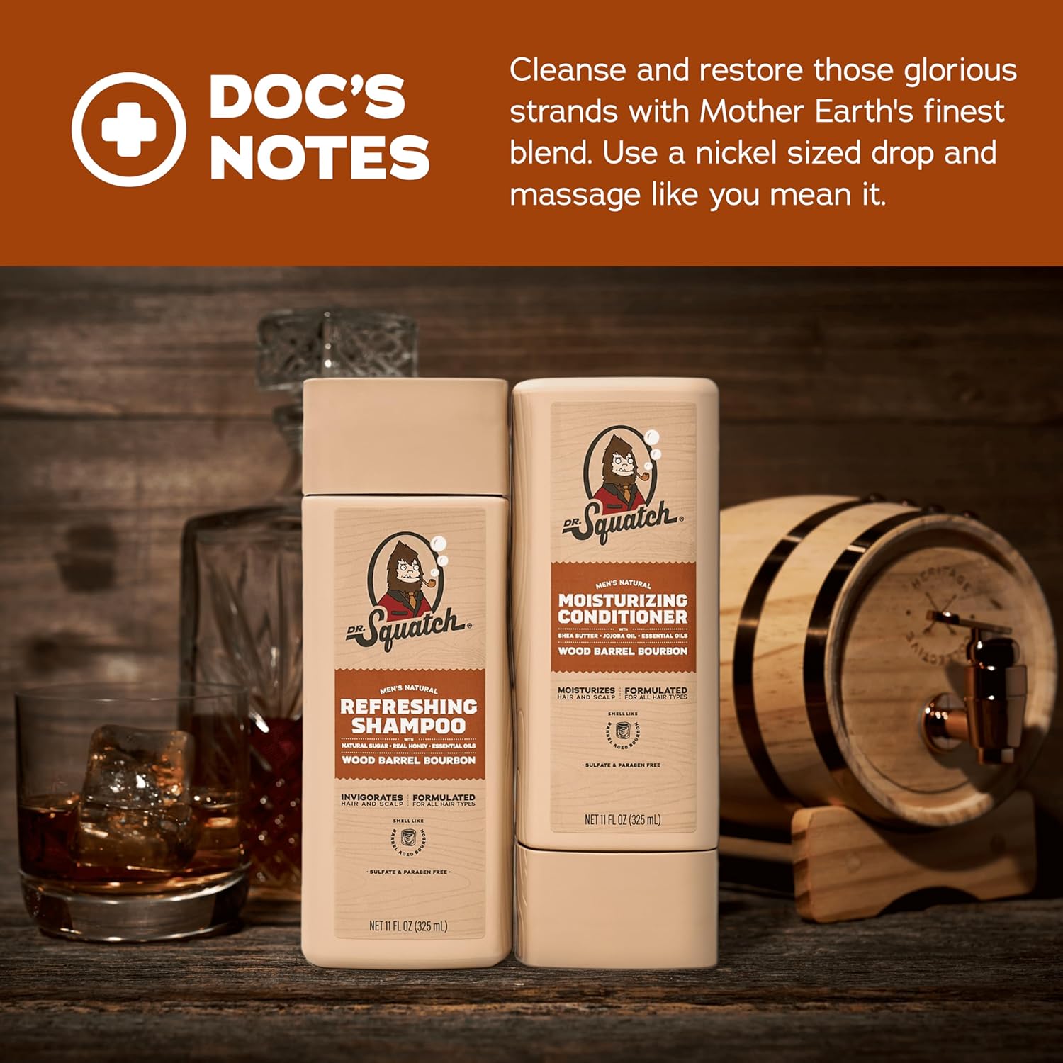 Dr. Squatch Natural Men's Shampoo and Conditioner Set - Healthy, Full Looking Hair - Wood Barrel Bourbon Natural Shampoo and Conditioner for Men (11 fl oz, 2-Pack) - Image 4