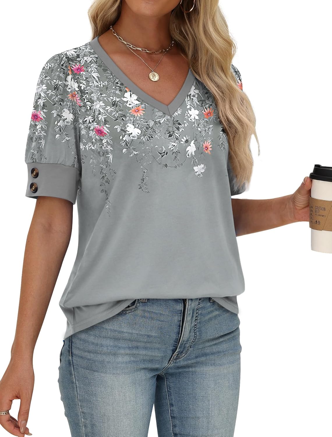 OFEEFAN Womens Tops Short Sleeve Shirts Buttons V Neck Spring Fashion Summer Outfits Plus Size Blouses Dressy Casual - Image 3
