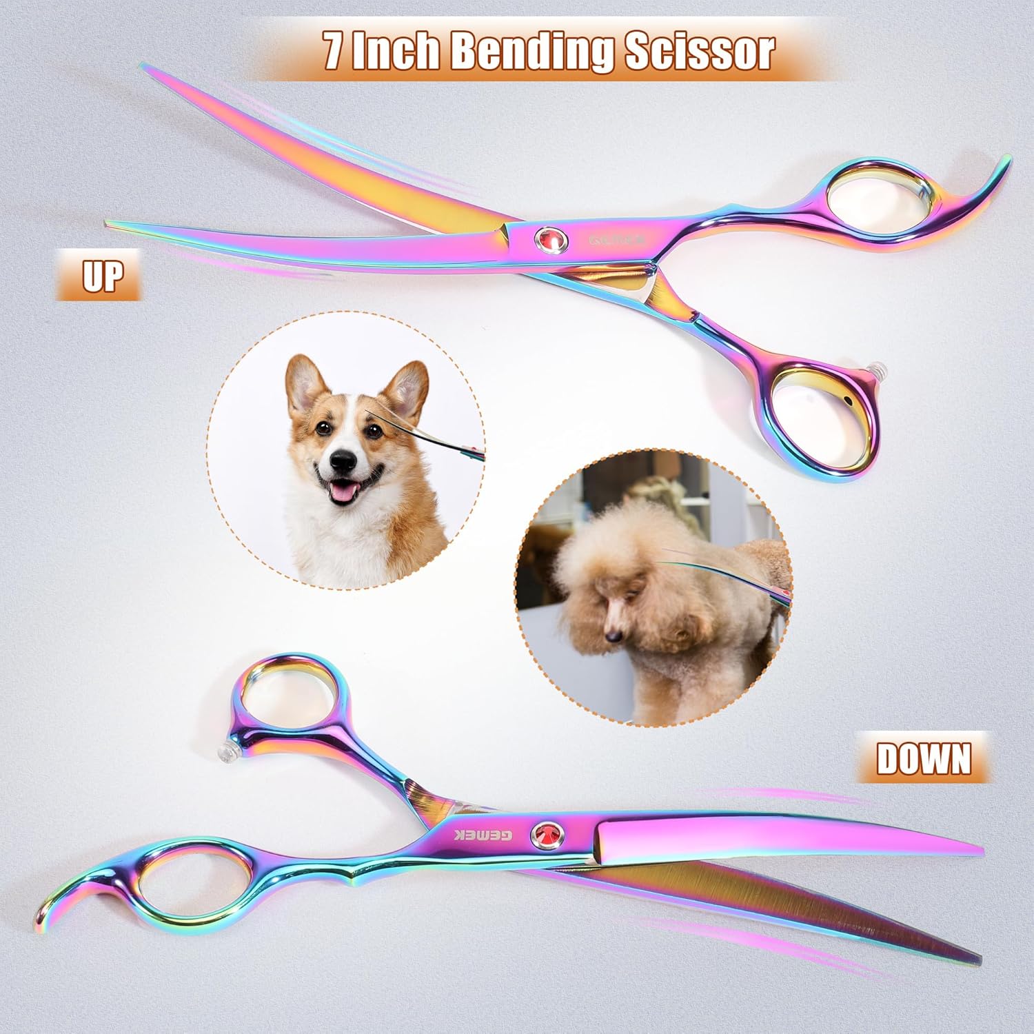 7.0in Titanium Professional Pet Grooming Scissors Set, GEMEK 6 in 1 Straight & Thinning & Upwards Curved & Downwards Curved Scissors & Comb for Dogs, Cats (Rainbow) - Image 5