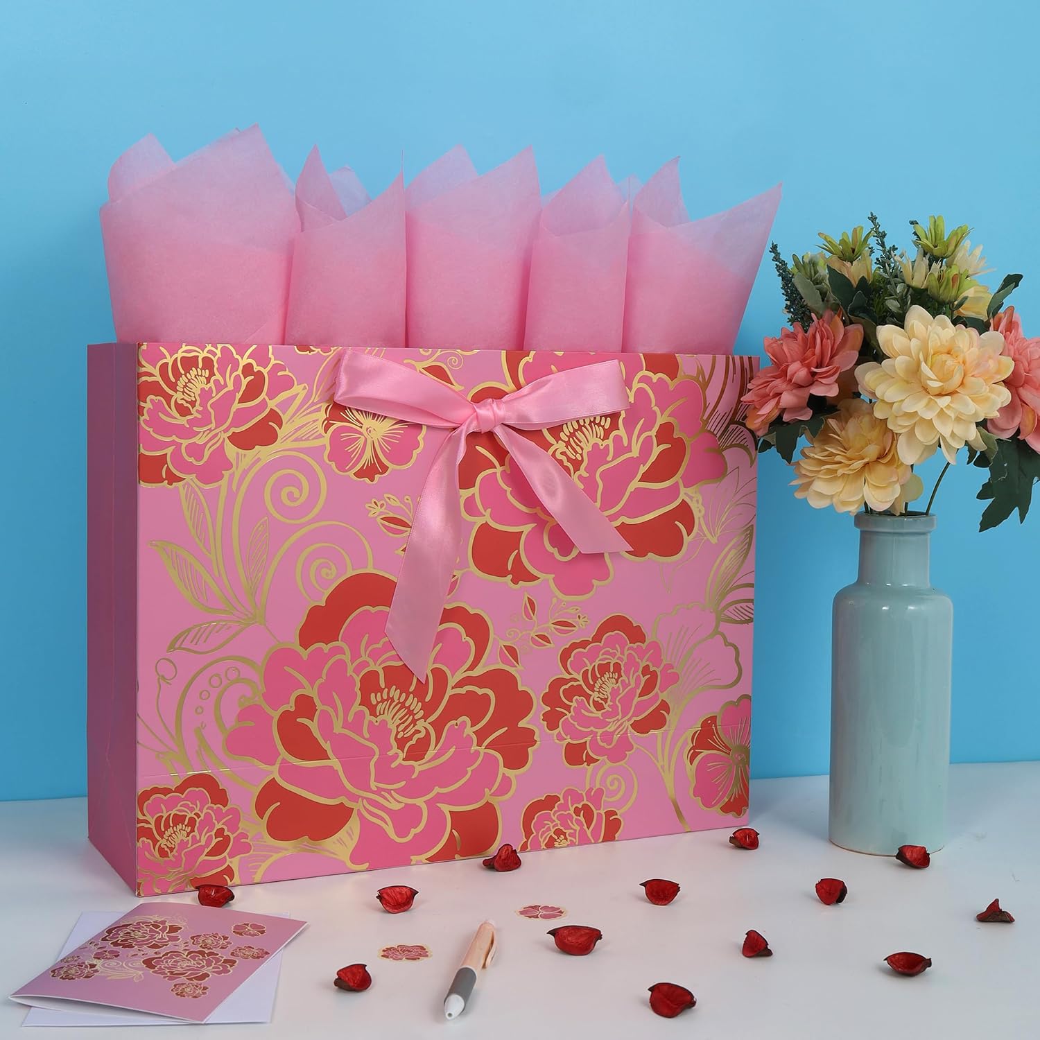 16.5" Extra Large Rose Pink Gift Bag Set with Greeting Card and Tissue Paper(Foil Traced Flowers) for Celebrating Birthdays, Mother's Day, Valentine's Day, Weddings, Anniversary - 16.5”x5.5”x12.6”, 1 Pcs. - Image 5