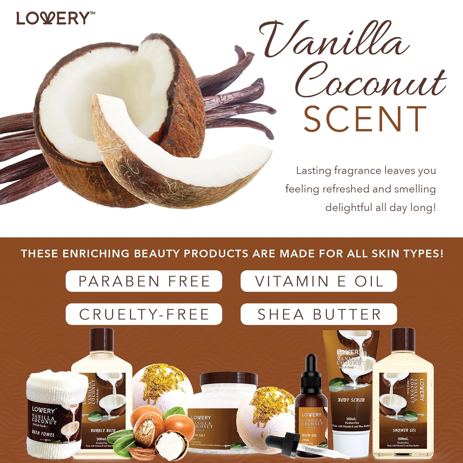 Gifts For Women Gift Basket for Women– 9 Piece Set of Vanilla Coconut Home Spa Set, Luxurious Gifts for Her, Bath and Body Sets Includes Fragrant Lotions, Large Bath Bombs, Coconut Oil - Image 4
