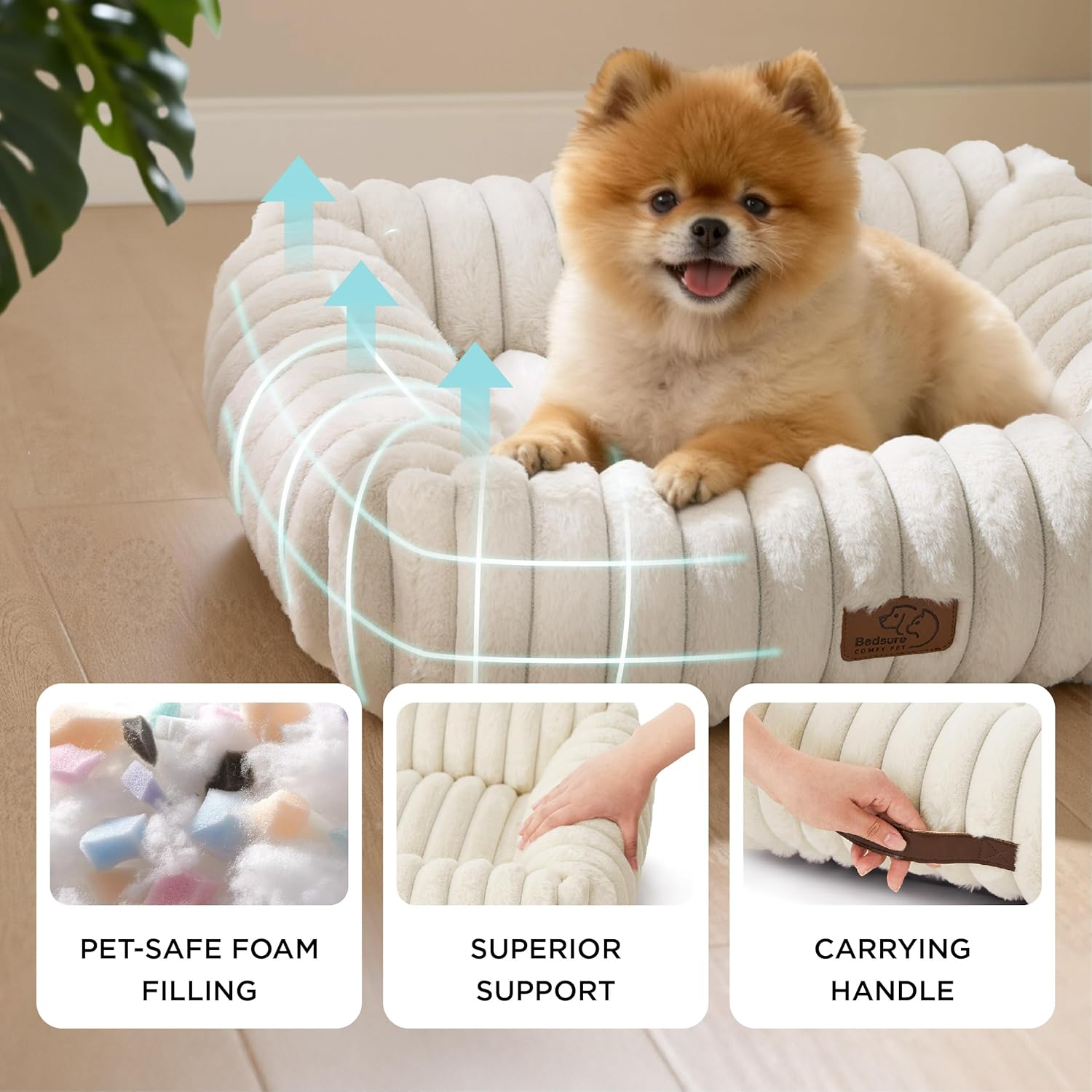 Bedsure ComfyFleece™ Cute Dog Bed for Small Medium Dogs - Washable Furry Puppy Beds, Rectangle Orthopedic Corduroy Fleece Pet Beds with Removable Zipper Cover, 25x21x7inches, Cream - Image 3