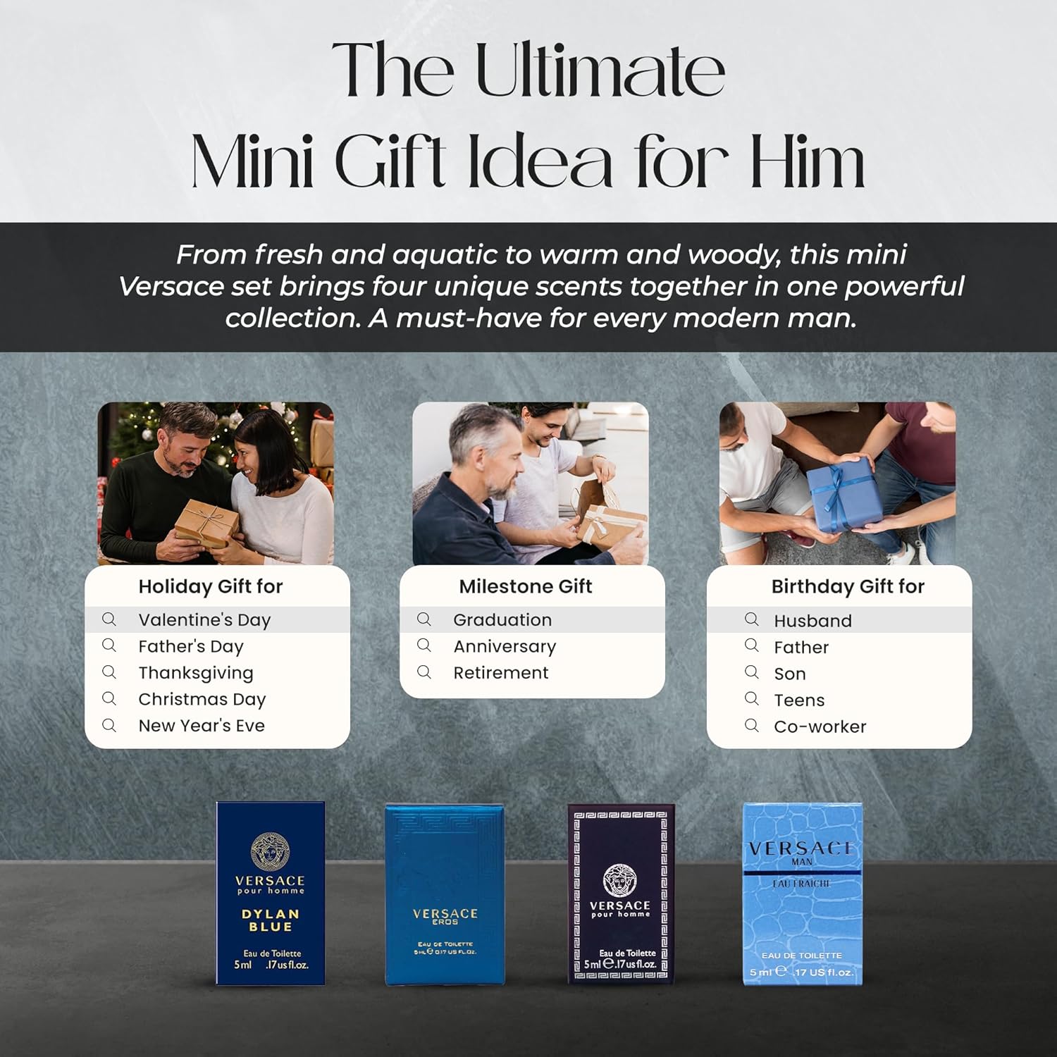 Versace Cologne for Men Set of 4 Mini Eros, Pour Homme, Dylan Blue, Eau Fraiche Perfume for Men Fragrance Sampler Set - Designer Mens Cologne Samples (4 Count, 0.17 oz) - Image 5
