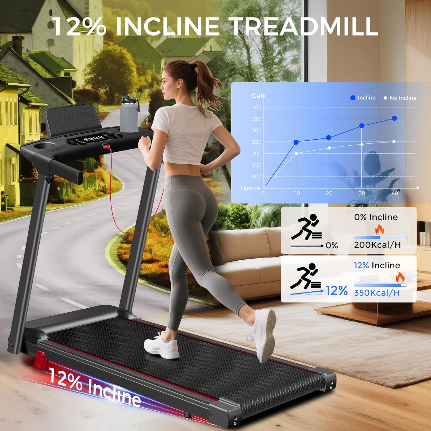 Treadmill with Incline 3-in-1 Portable Treadmills for Home Small, Incline Walking Pad Treadmill with Handle Bar, Walking Pad Foldable with 3.0HP Quiet Brushless, LED Dispay, 300LBS Capacity Black - Image 2
