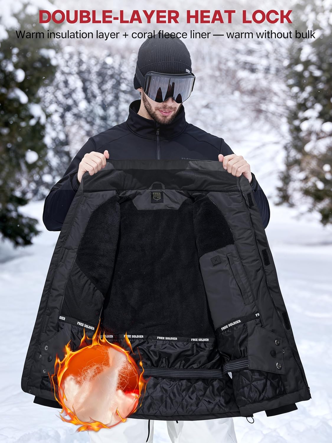 FREE SOLDIER Men's Waterproof Ski Jacket Fleece Lined Warm Winter Snow Coat with Hood Fully Taped Seams - Image 3