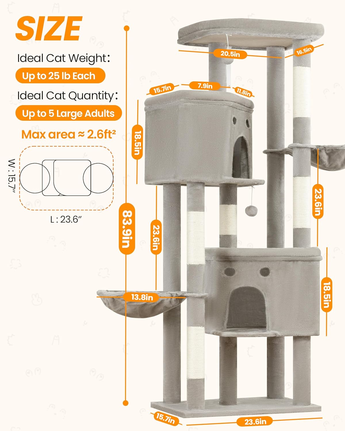 Extra Large Cat Tree, 84 Inch XXL Giant Cat Tower for Indoor Cats Large Adult 20lb+, Multi-Level Cat Climbing Condo with 5 Scratching Posts, 3 Wide Platform Perches, 2 Baskets, 2 Cat Caves, Light Grey - Image 8