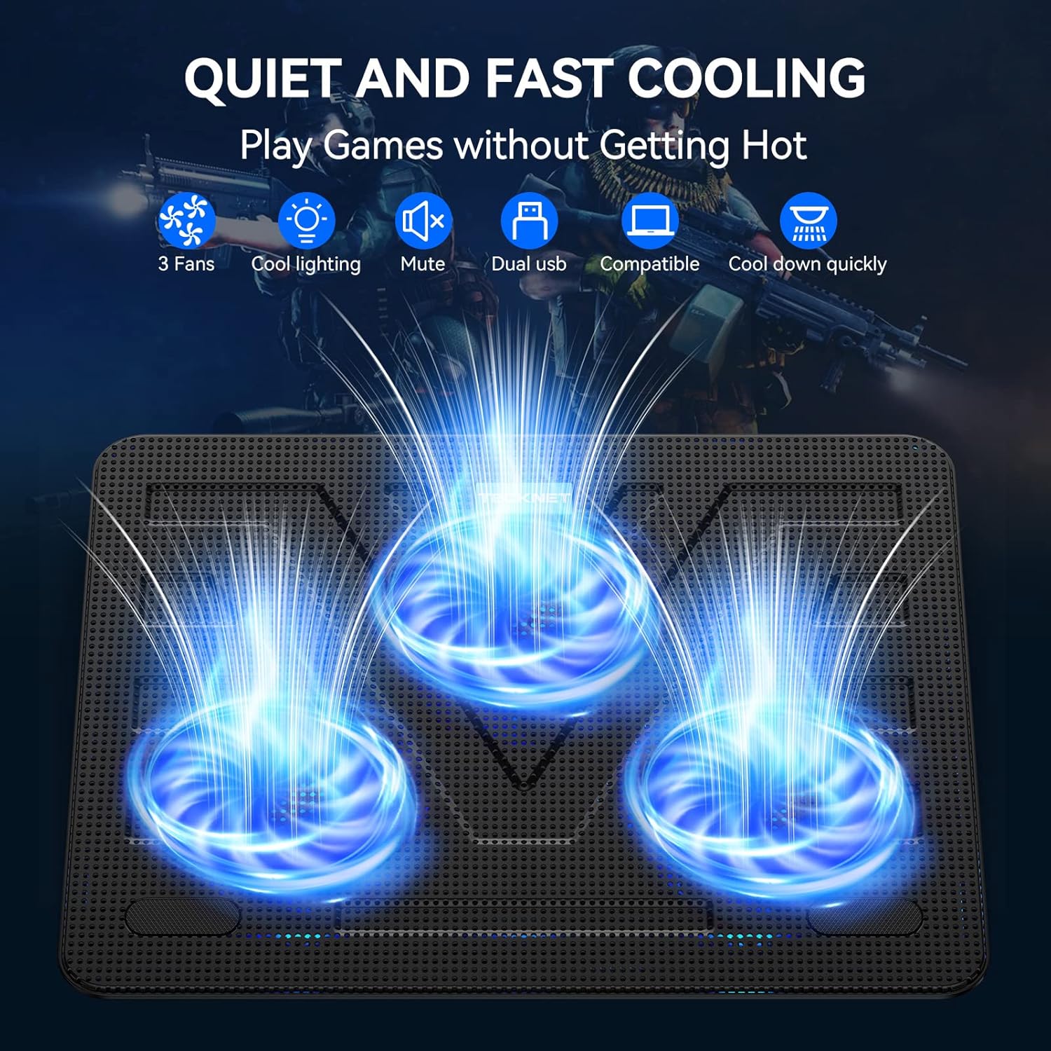 TECKNET Laptop Cooling Pad, Portable Slim Quiet USB Powered Laptop Notebook Cooler Cooling Pad Stand Chill Mat with 3 Blue LED Fans, Fits 12-17 Inches (Black) - Image 3