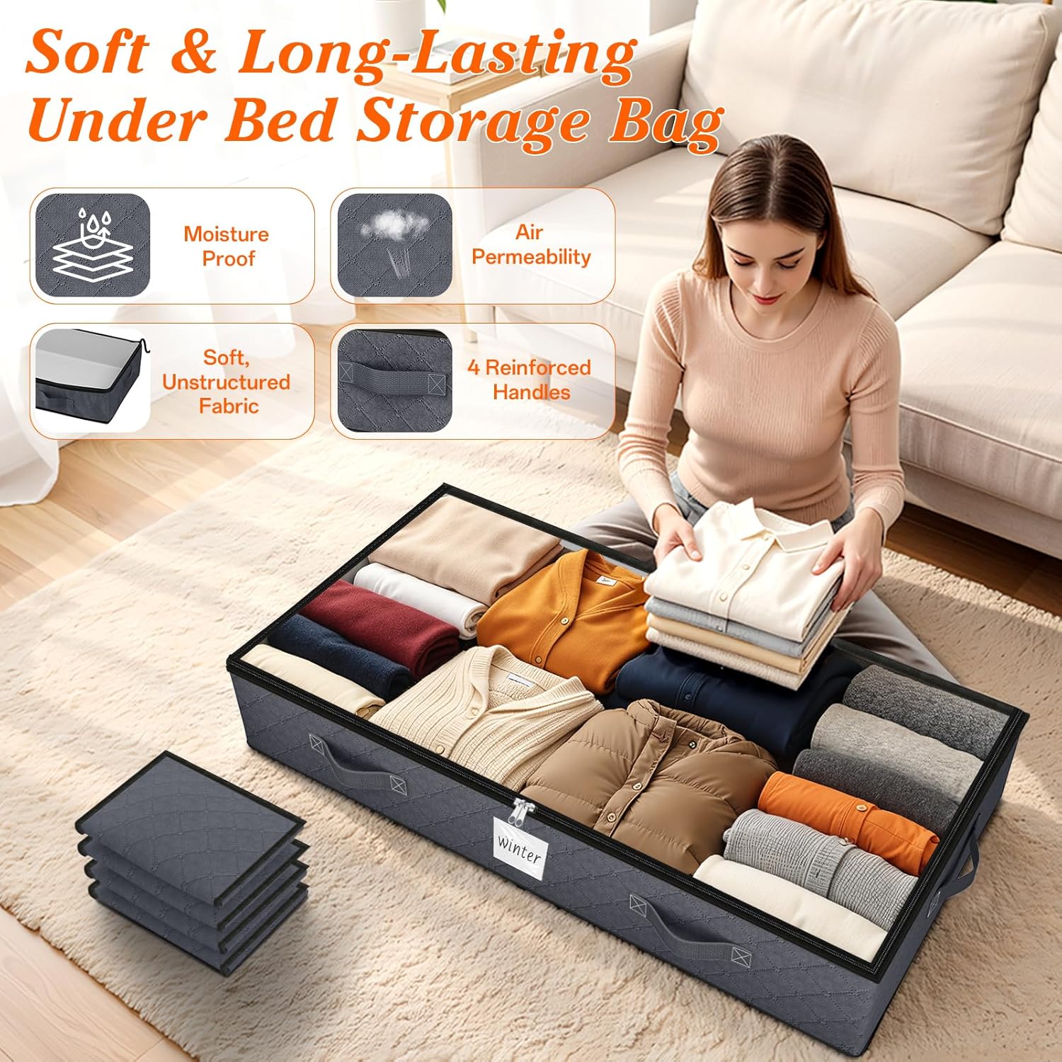 SpaceWhisper 90L Under Bed Storage Containers, 4-Pack Storage Bins with Clear Top, Foldable Closet Organizers and Storage with Label Holder for Clothing, Blankets, Comforter & Pillows (Grey) - Image 3