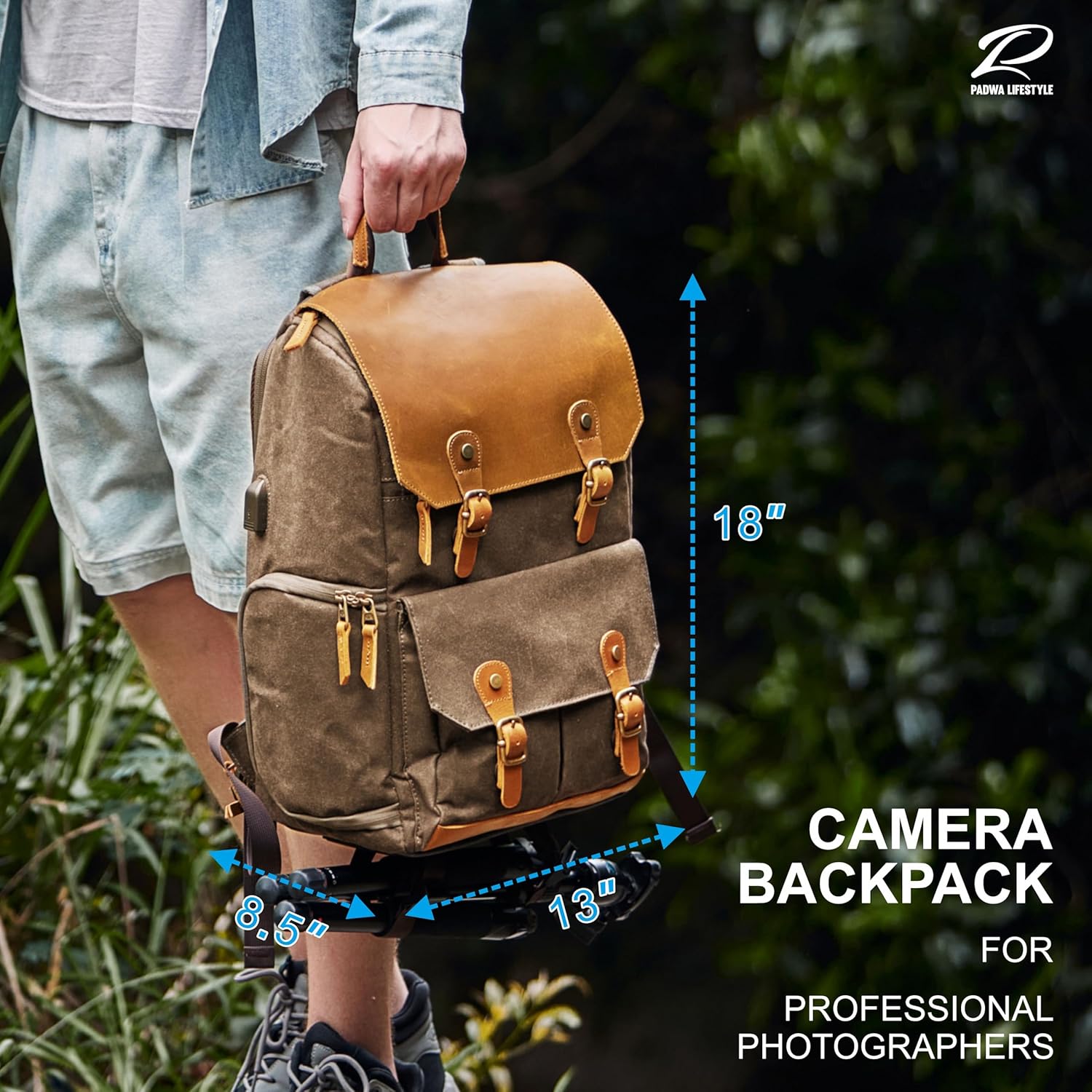 Padwa Lifestyle Khaki Camera Backpack - Waxed Memory Canvas Camera Bag, Multi DSLR SLR Large Camera Backpacks for Photographers with 16” Laptop & Lens Compartment and Tripod Holder & Weather Resistant - Image 6