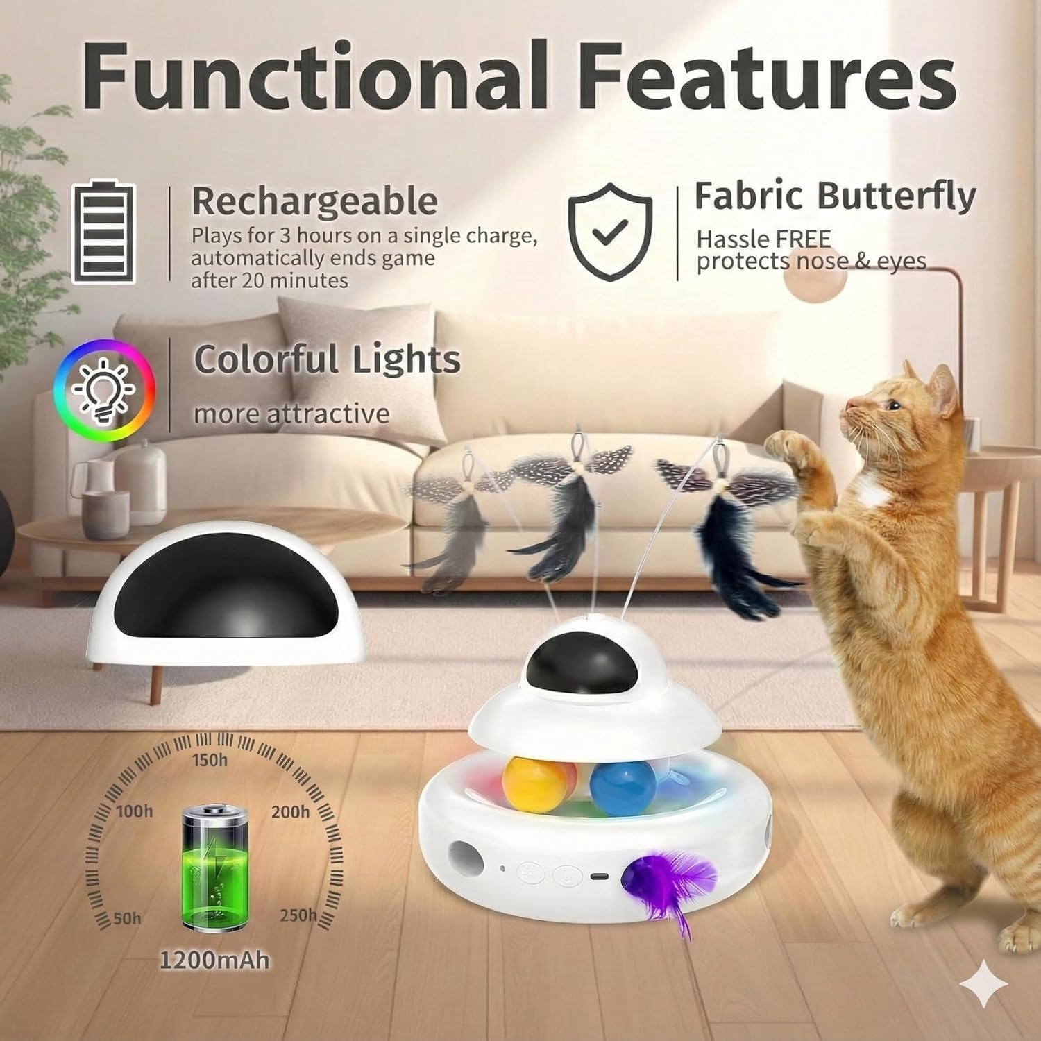 Interactive Cat Toys for Indoor Cats,4-in-1 Automatic Kitten Toy with Laser, Fluttering Butterfly, Moving Feather & Track Balls, USB Rechargeable Self-Play Electronic Toy for Kittens & Adults - Image 6