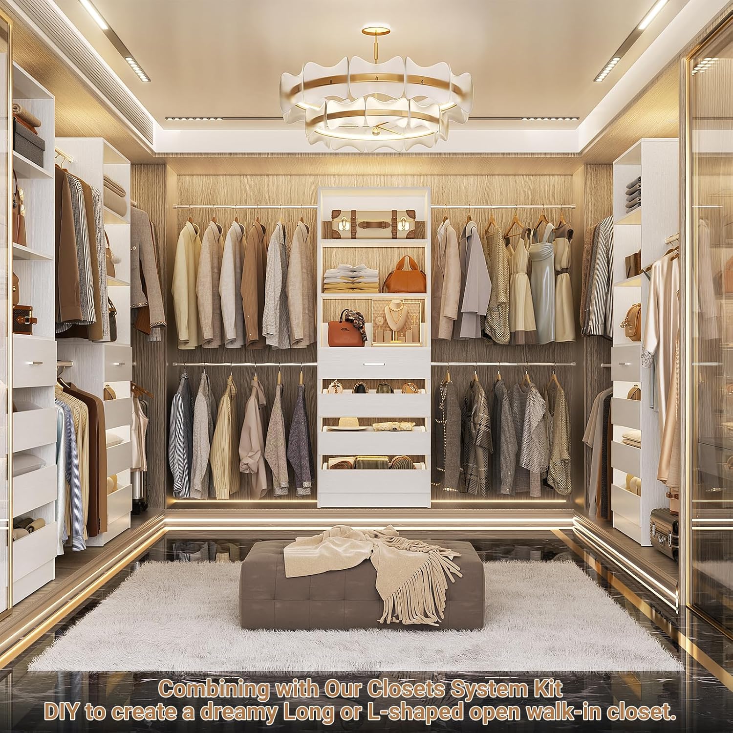 Aheaplus Closet System, 4-9Ft Closet Organizer with 4 Wooden Drawers, Wood Closet Organizer System with Tower, Walk-in Closet Organizer Wardrobe Clothes Rack with 4 Hanging Rods, Garment Rack, White - Image 5