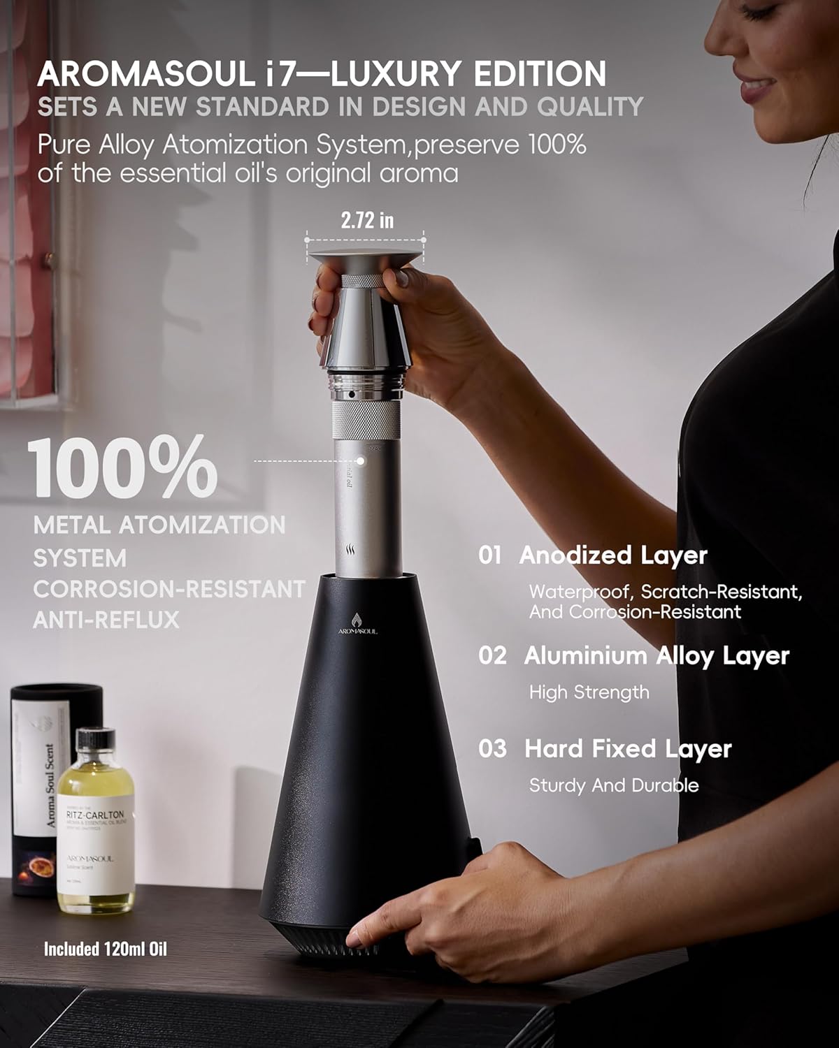 Wireless Rechargeable Waterless Scent Diffuser Starter Kit - 1500 Sq Ft Coverage,Alloy Atomization System,Mood Light, Hotel Scent Diffuser, Including 120ml Essential Oil, for Home,Large Room,Spa,Black - Image 3