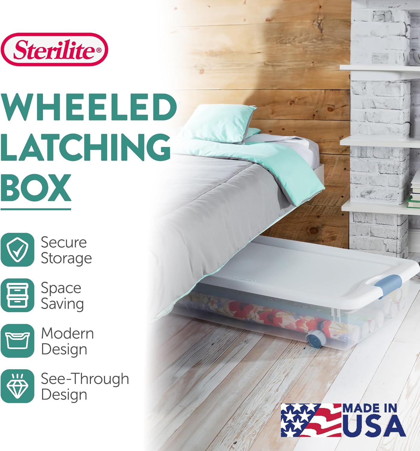 Sterilite 4-Pack 56 Quart Wheeled Latching Box, Underbed Clear Plastic Storage Organizer - Under Bed Rolling Container Bin with Lid and Wheels for Home or Dorm Bedrooms and Closets - Image 3