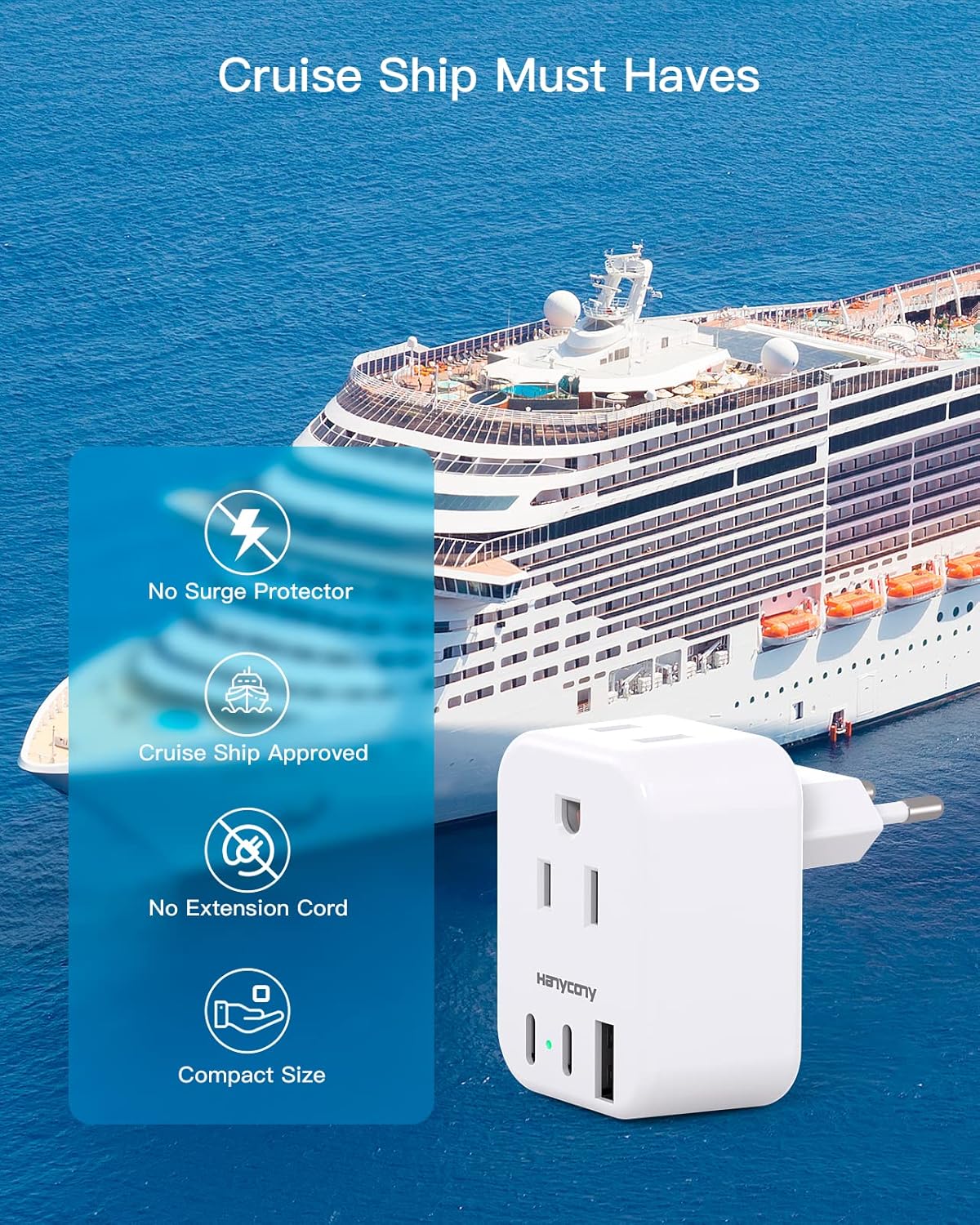 European Travel Plug Adapter USB C, HANYCONY International Plug Adapter, US to Europe Adapter Plug 2 Outlets 3 USB Ports(2 C Port), Type C Power Adapter to Italy Spain France Portugal Iceland Germany - Image 5
