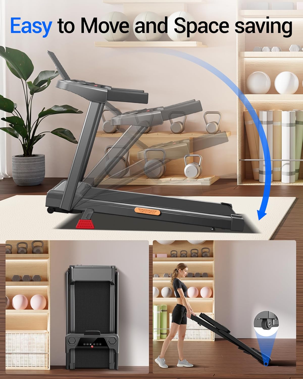 Treadmill with 15% Incline, 3-in-1 Portable Treadmills for Home and Office, Foldable Treadmill with Handles, 3.0HP Quiet Brushless Walking Pad Treadmill with Triple Display,300 LBS Weight Capacity - Image 8