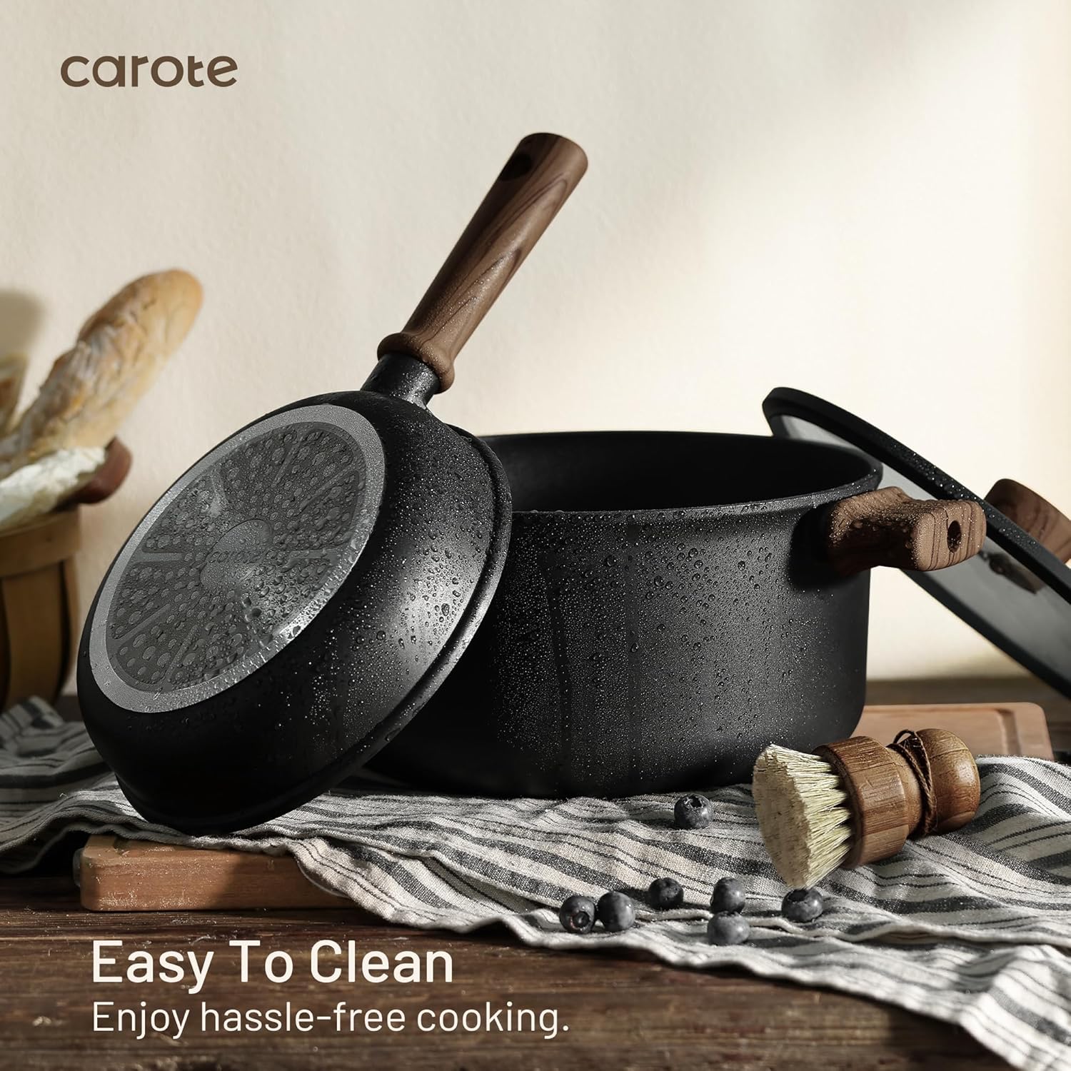 CAROTE 44pcs Nonstick Kitchen Titanium Cookware Sets, Nonstick Pots and Pans, Induction Cookware Set Kitchen Cooking Sets, Non Stick w/Frying Pan,Black - Image 4