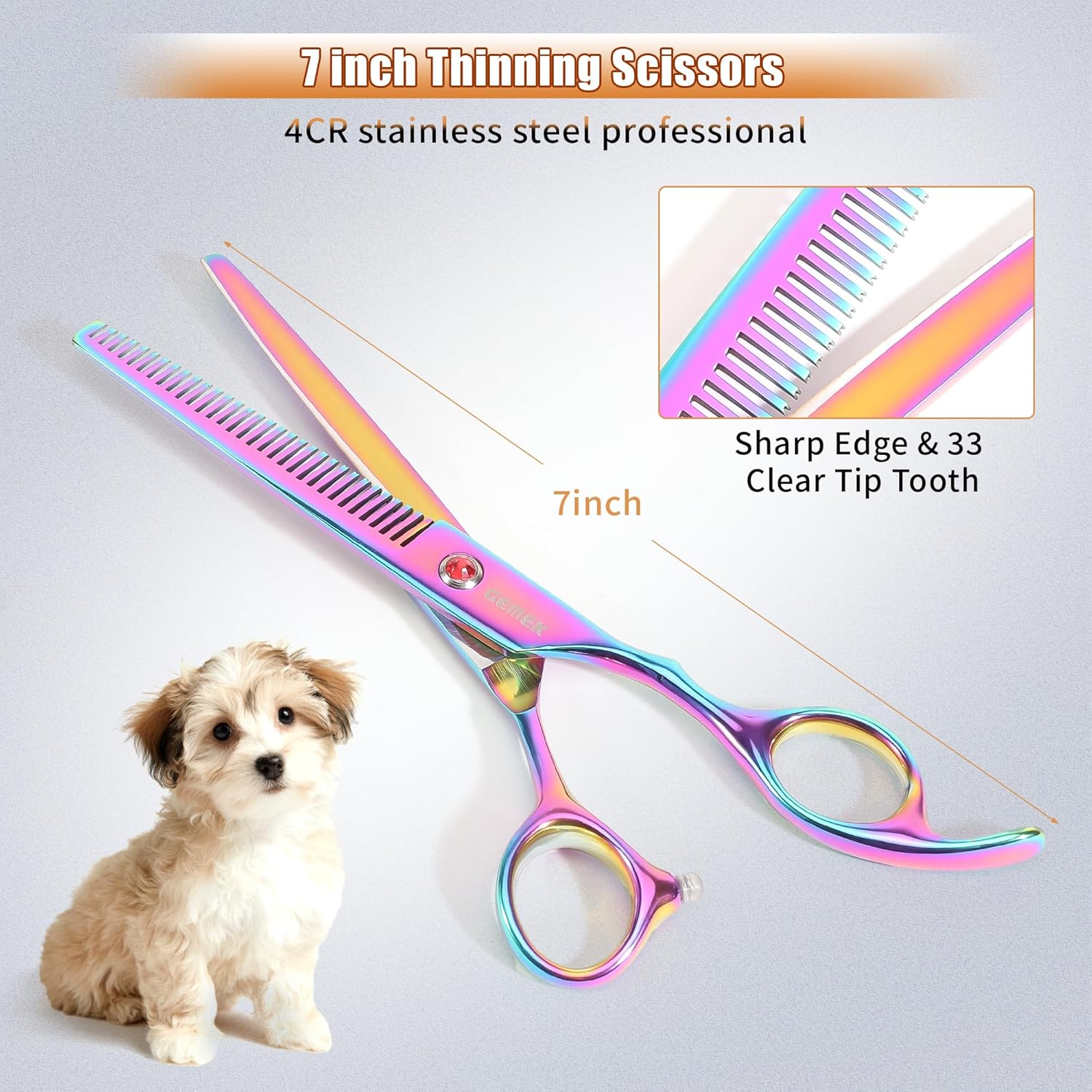 7.0in Titanium Professional Pet Grooming Scissors Set, GEMEK 6 in 1 Straight & Thinning & Upwards Curved & Downwards Curved Scissors & Comb for Dogs, Cats (Rainbow) - Image 3