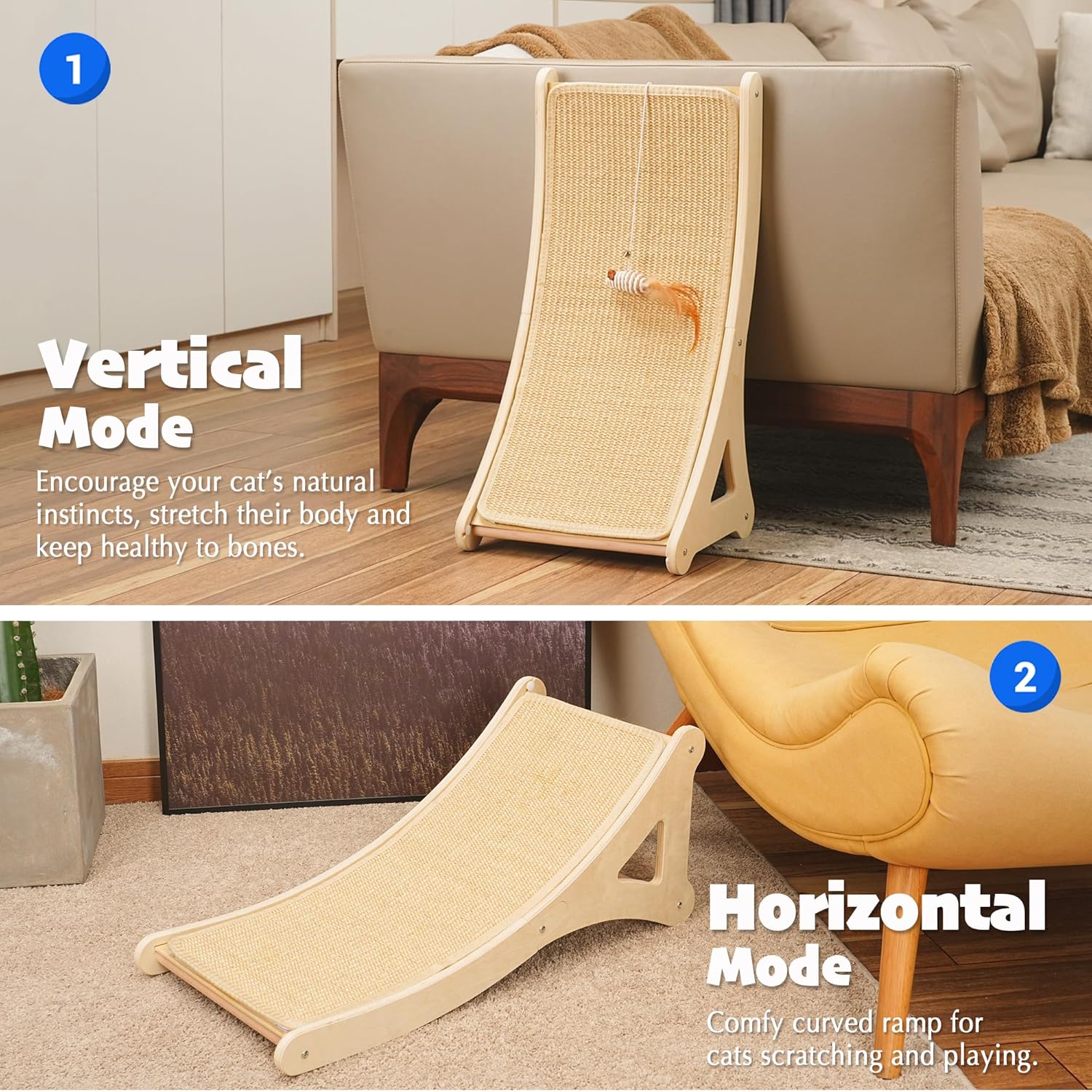 PETKARAY Curved Cat Scratcher, Sisal Kitty Scratching Ramp, L Shape Scratch Pad for Indoor Cats, 25.6" Furniture Protector with Mouse Toy - Image 2