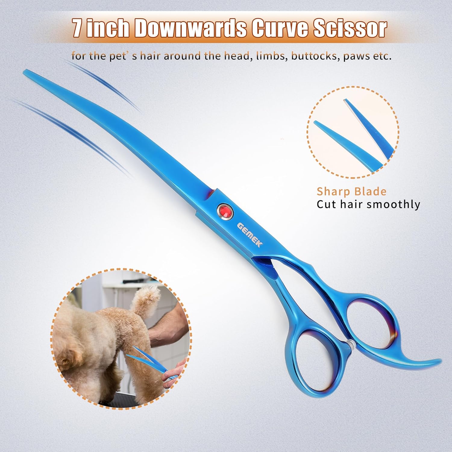 7.0in Titanium Professional Pet Grooming Scissors Set, GEMEK 6 in 1 Straight & Thinning & Upwards Curved & Downwards Curved Scissors & Comb for Dogs, Cats (Blue) - Image 7
