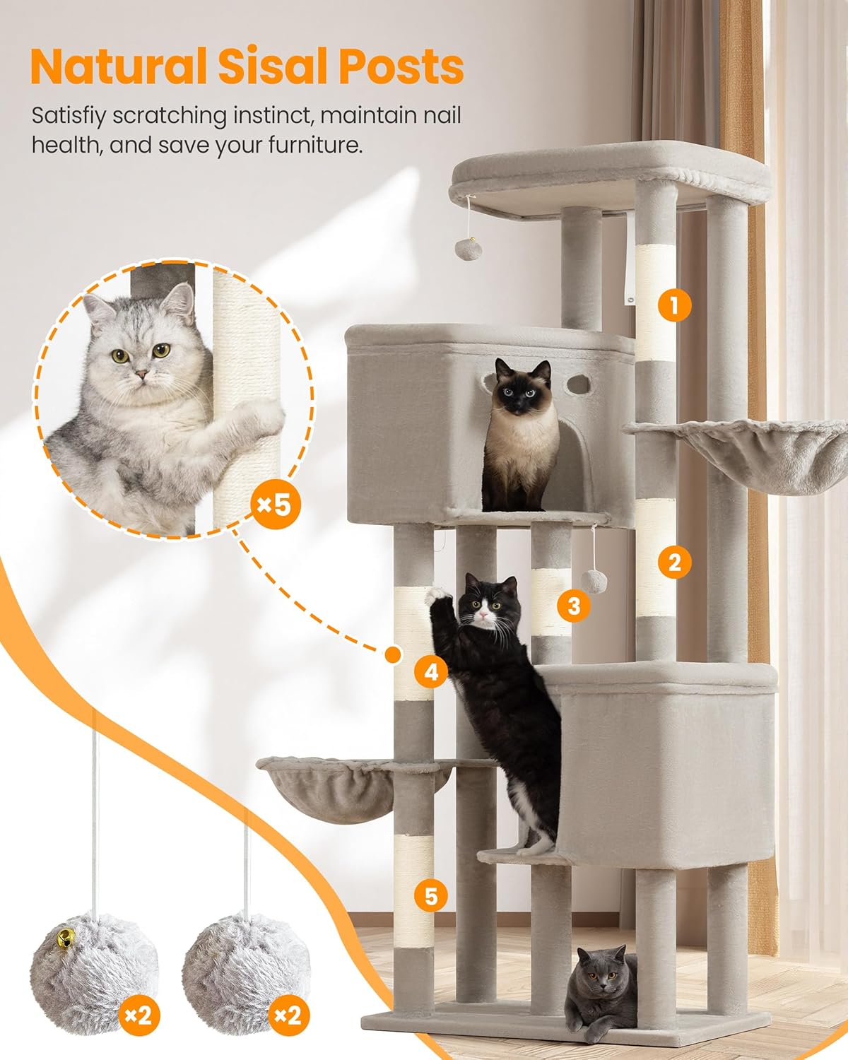 Extra Large Cat Tree, 84 Inch XXL Giant Cat Tower for Indoor Cats Large Adult 20lb+, Multi-Level Cat Climbing Condo with 5 Scratching Posts, 3 Wide Platform Perches, 2 Baskets, 2 Cat Caves, Light Grey - Image 5