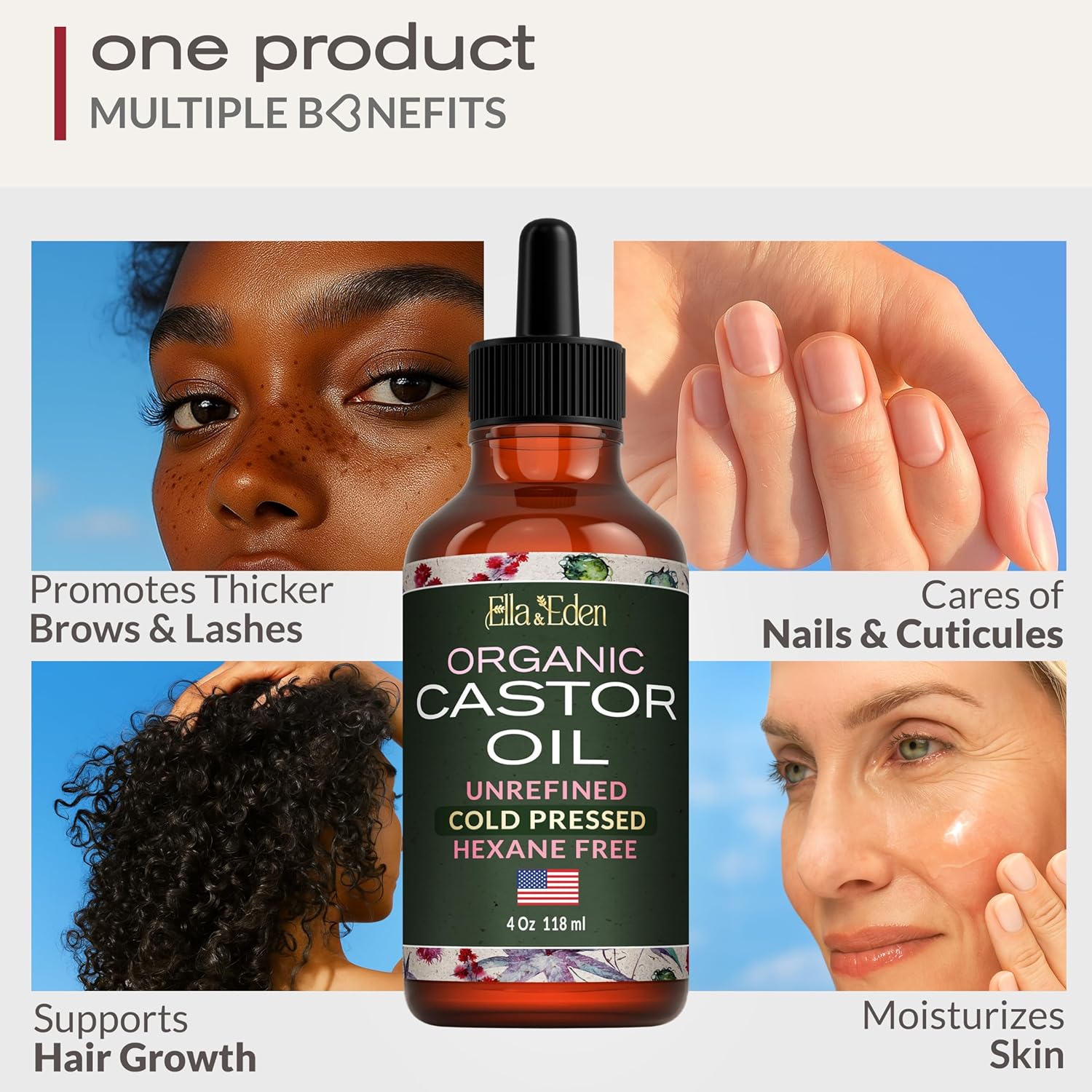 Ella & Eden Organic Castor Oil for Eyelashes - 4 Fl Oz Glass Bottle Lash Serum - for Eyebrows, for Hair Growth - Cold-Pressed Hexane-Free USDA Certified 100% Pure Unrefined - Image 6