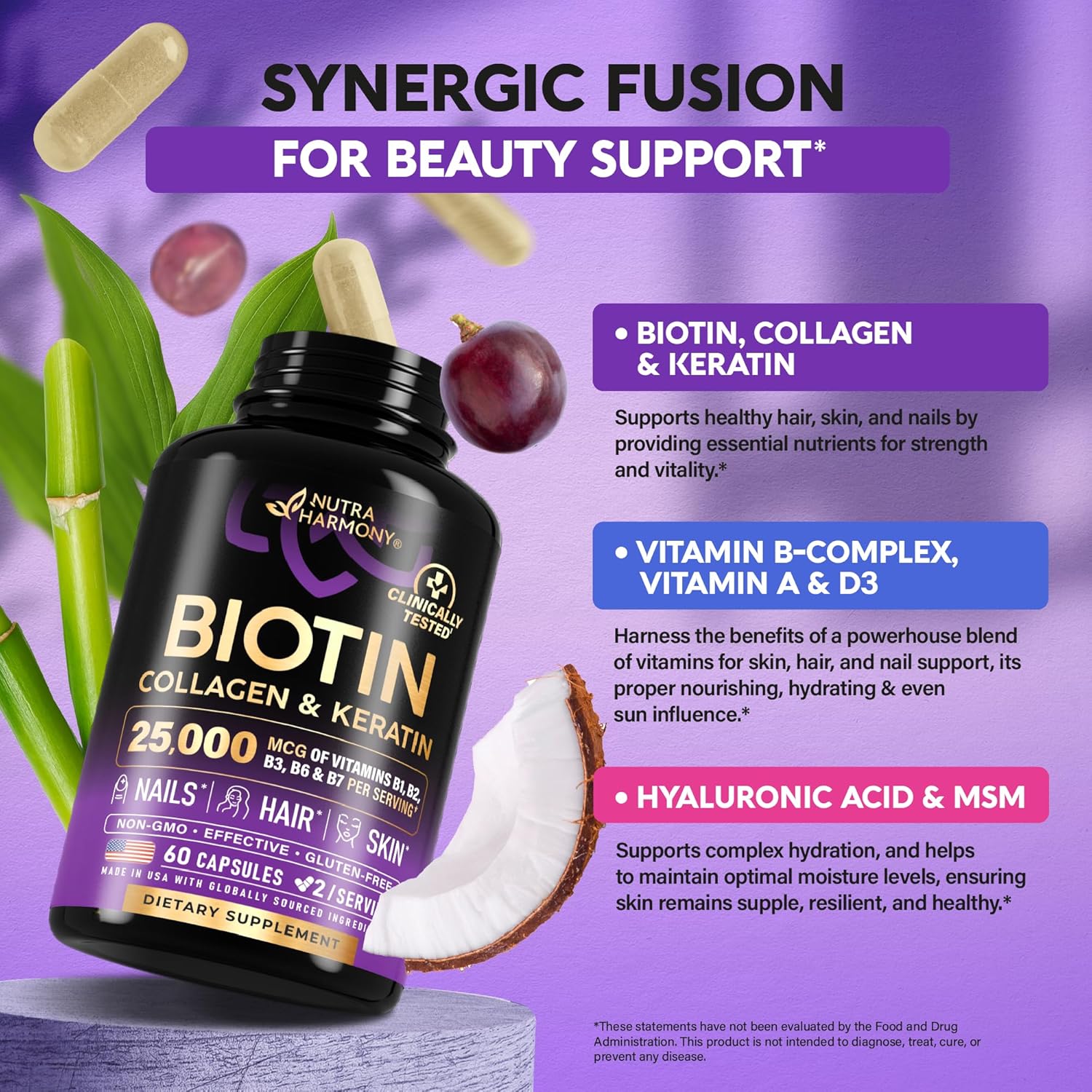 NUTRAHARMONY Biotin | Collagen | Hyaluronic Acid | Keratin - Support Normal Hair Growth Cycle - Skin & Nails - 25000mcg Vitamins B1, B2, B3, B6 & B7 - for Women & Men - Made in USA | 60 Capsules - Image 5