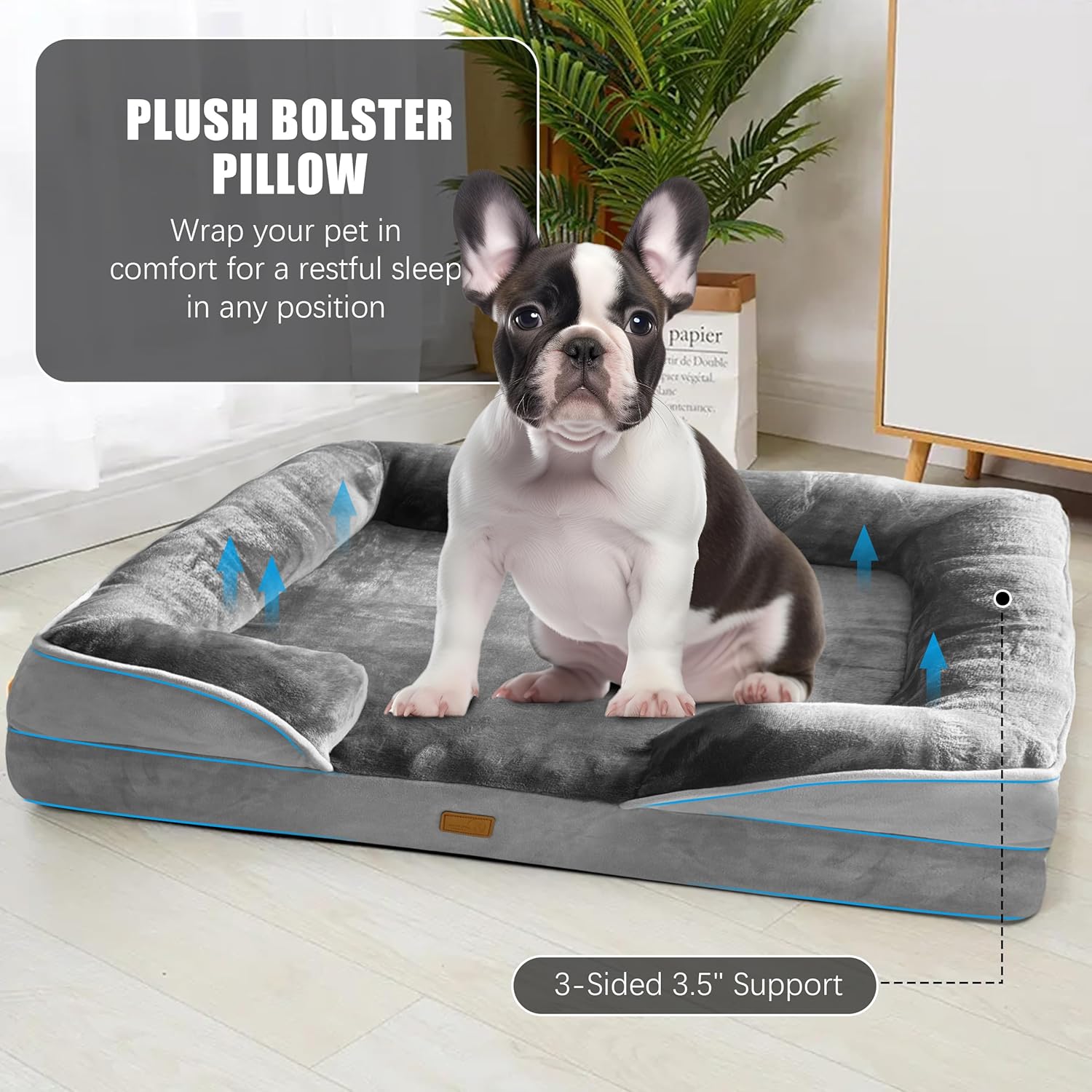 Orthopedic Dog Bed with Sides - Dog Sofa Beds for Medium Dogs, Supportive Foam Pet Couch Bed with Washable Removable Cover, Waterproof Lining and Non-Slip Bottom, Grey - M - Image 4