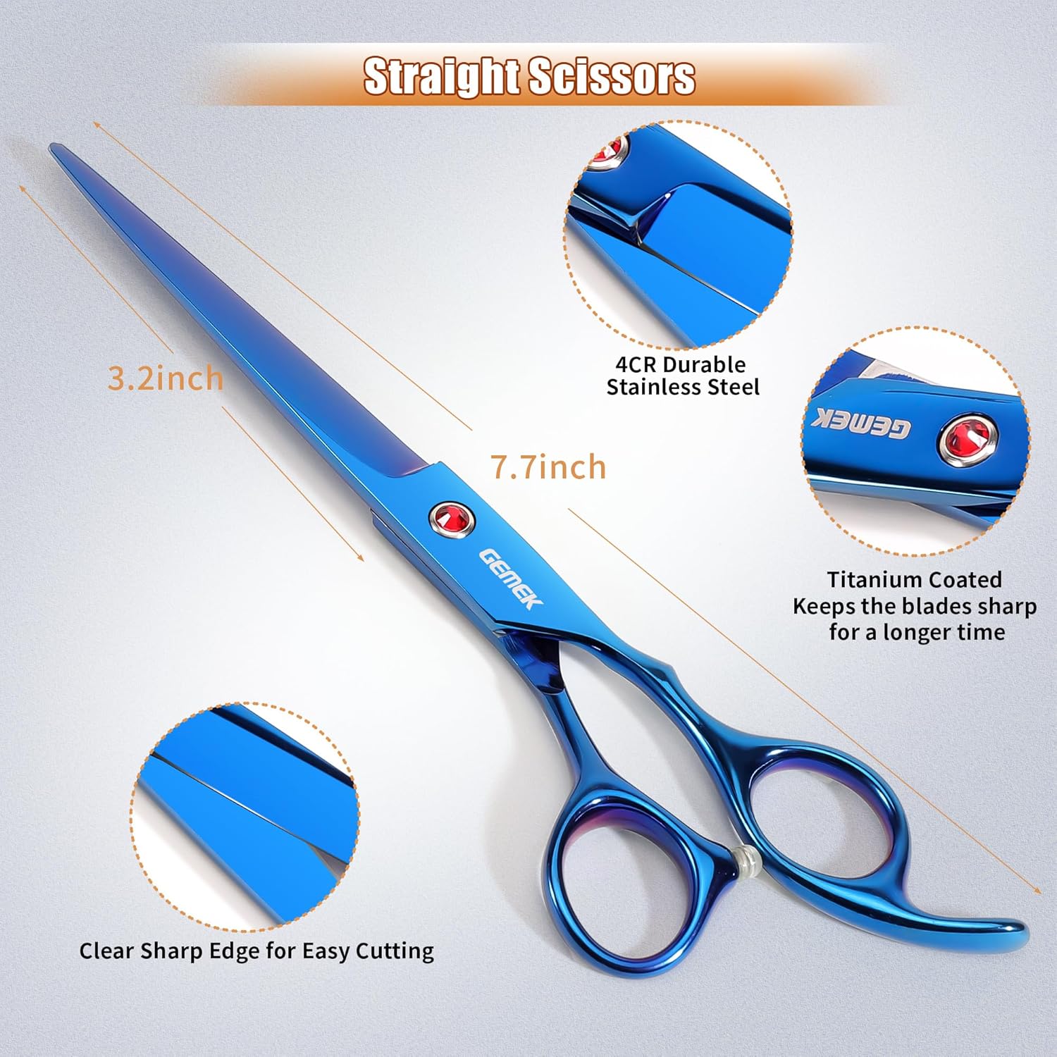 7.0in Titanium Professional Pet Grooming Scissors Set, GEMEK 6 in 1 Straight & Thinning & Upwards Curved & Downwards Curved Scissors & Comb for Dogs, Cats (Blue) - Image 4